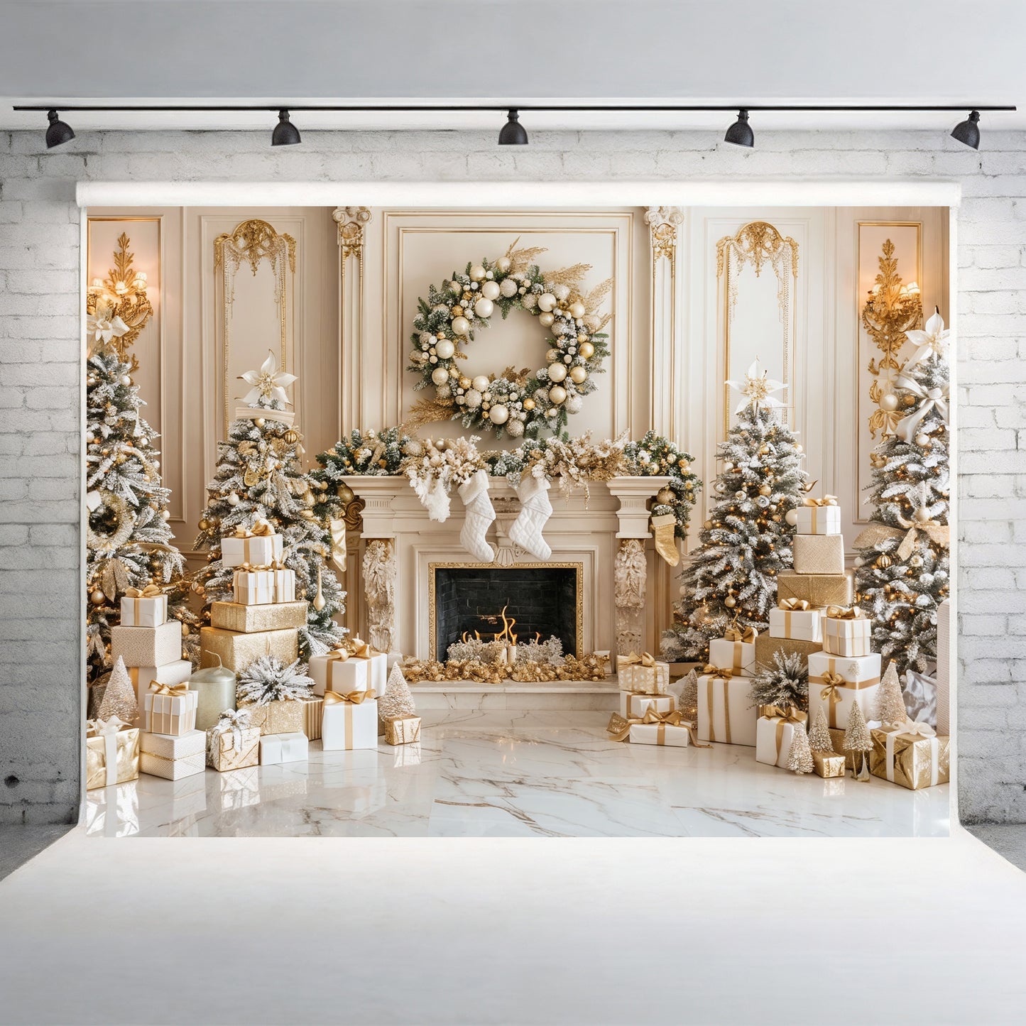 Luxurious Gold and White Christmas Fireplace Backdrop