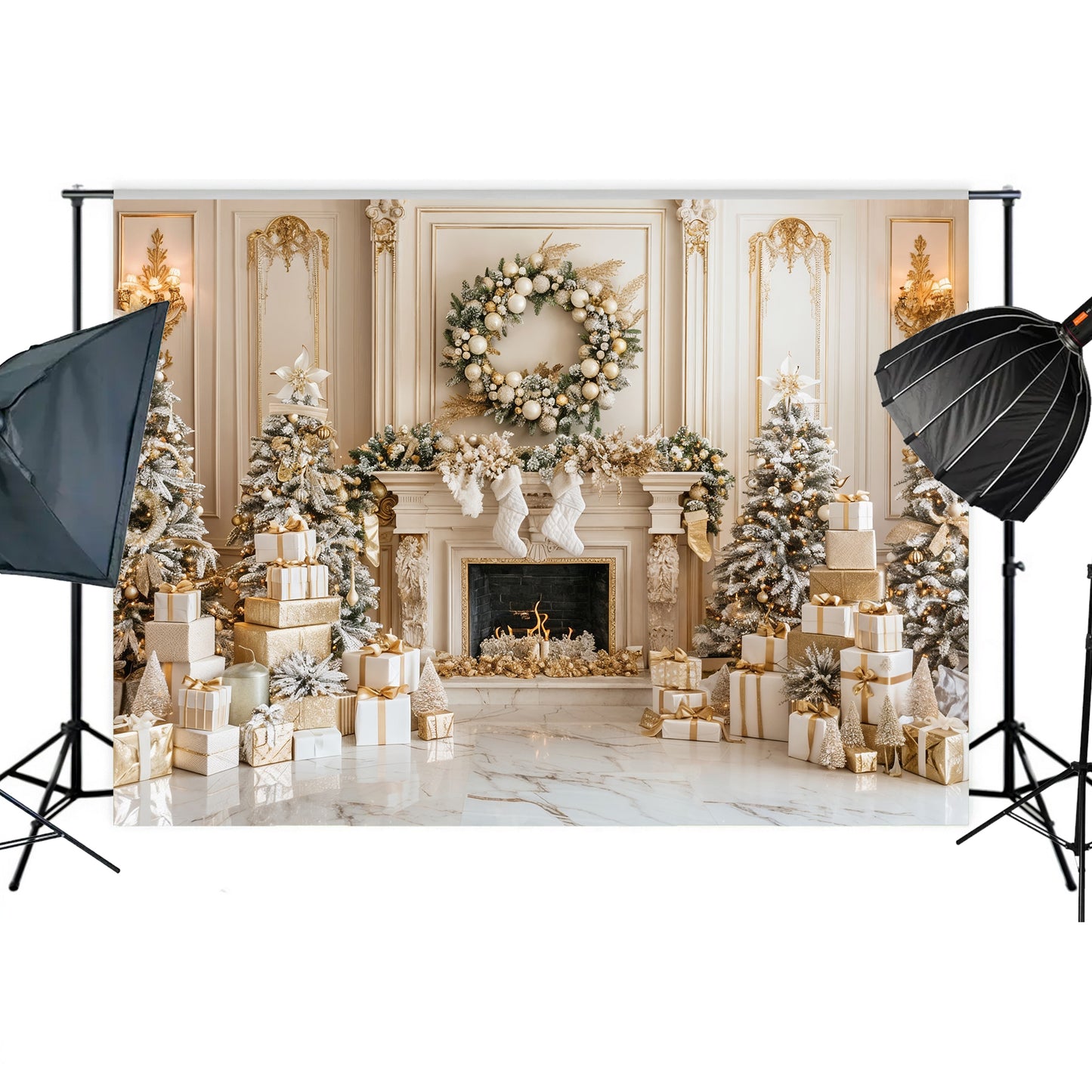 Luxurious Gold and White Christmas Fireplace Backdrop