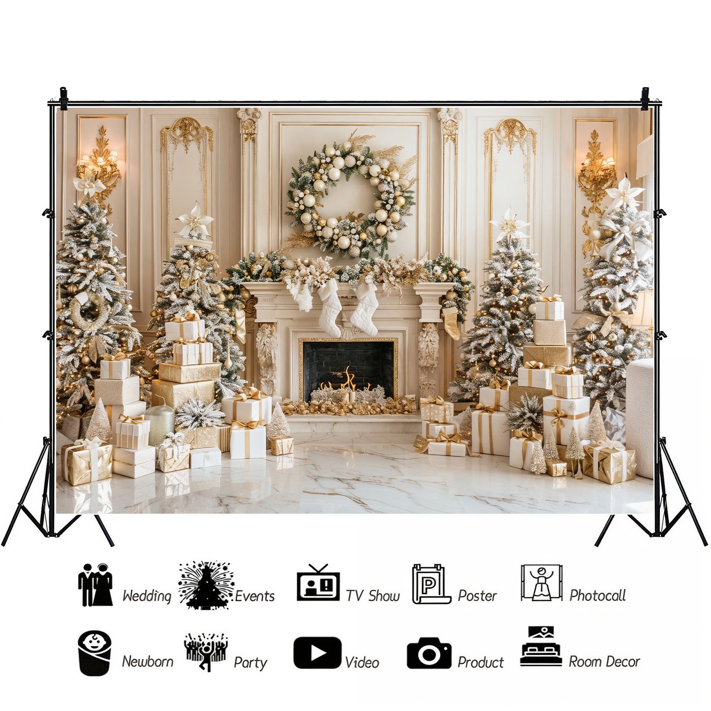 Luxurious Gold and White Christmas Fireplace Backdrop