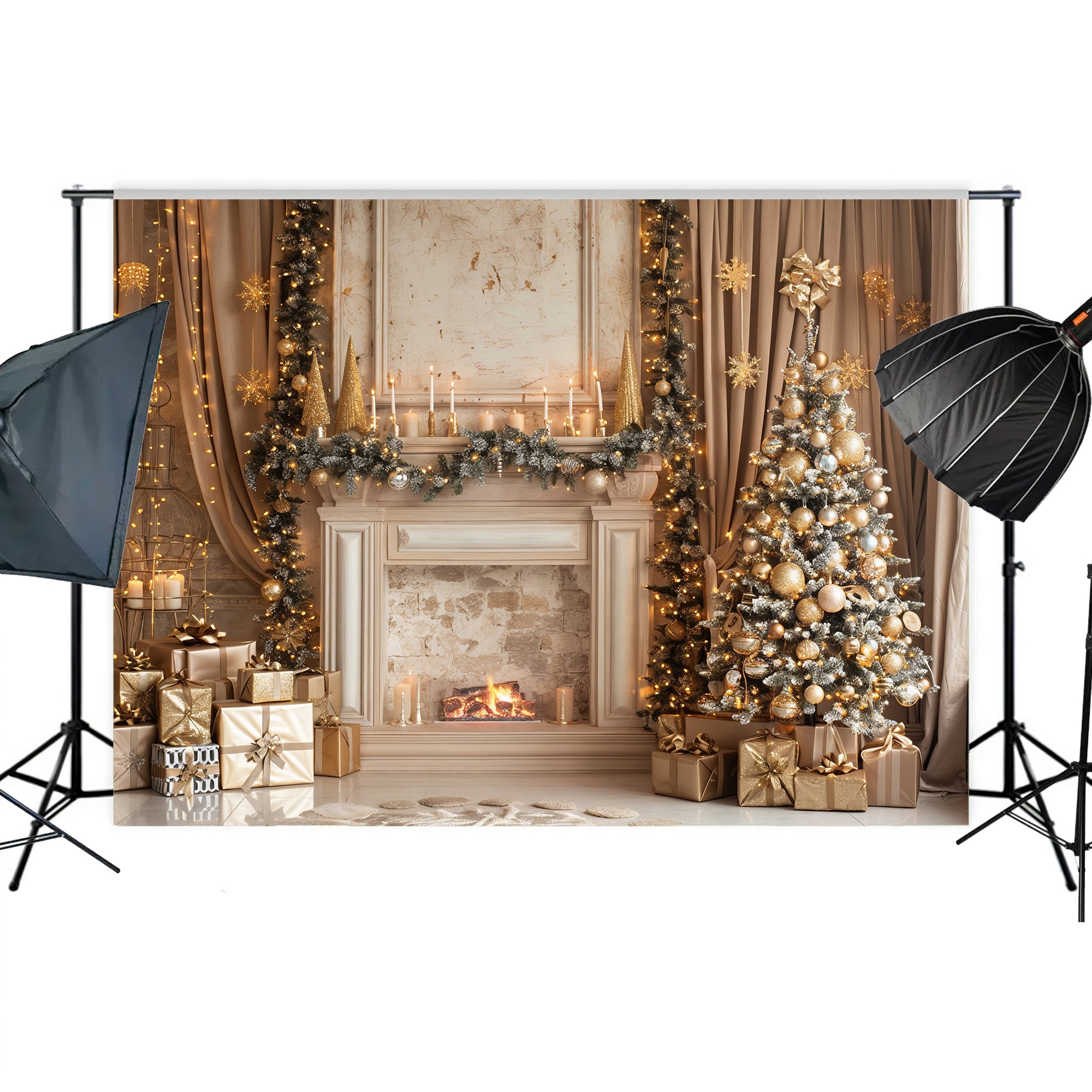 Elegant Christmas Fireplace Backdrop