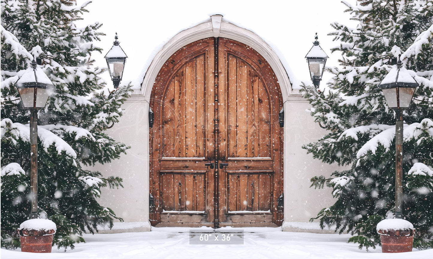 Snowy Wooden Gate Entrance Backdrop