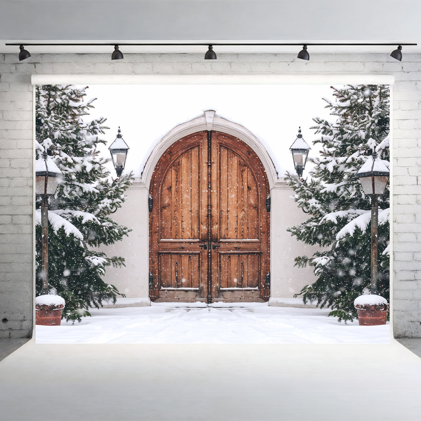 Snowy Wooden Gate Entrance Backdrop