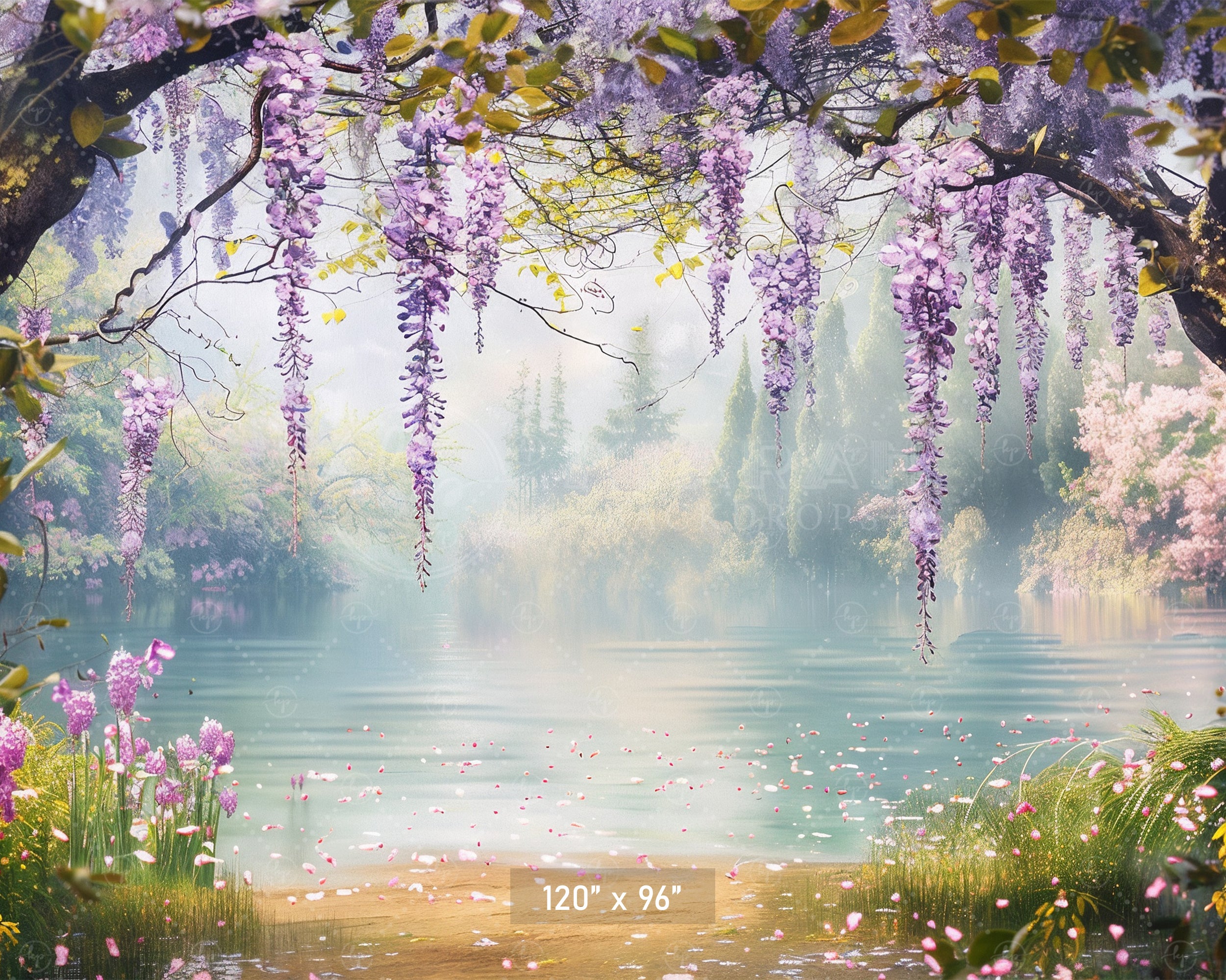 Serene Wisteria Lake Backdrop