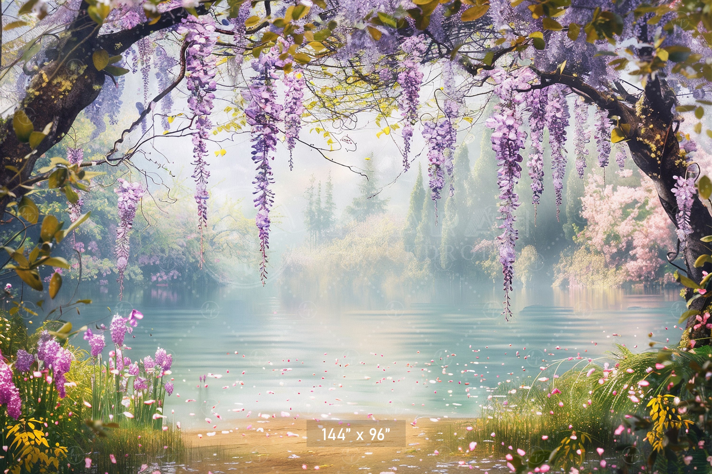 Serene Wisteria Lake Backdrop
