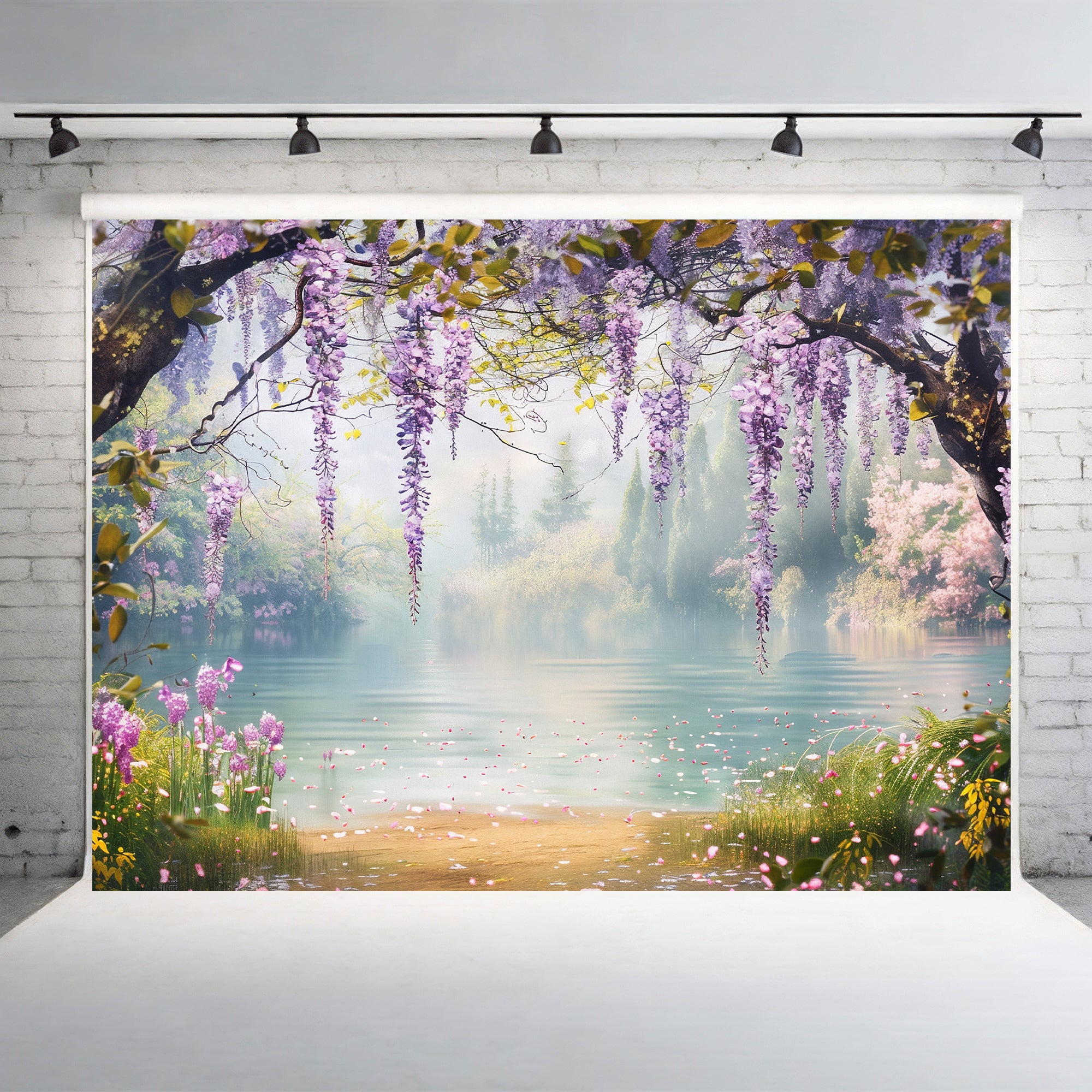 Serene Wisteria Lake Backdrop