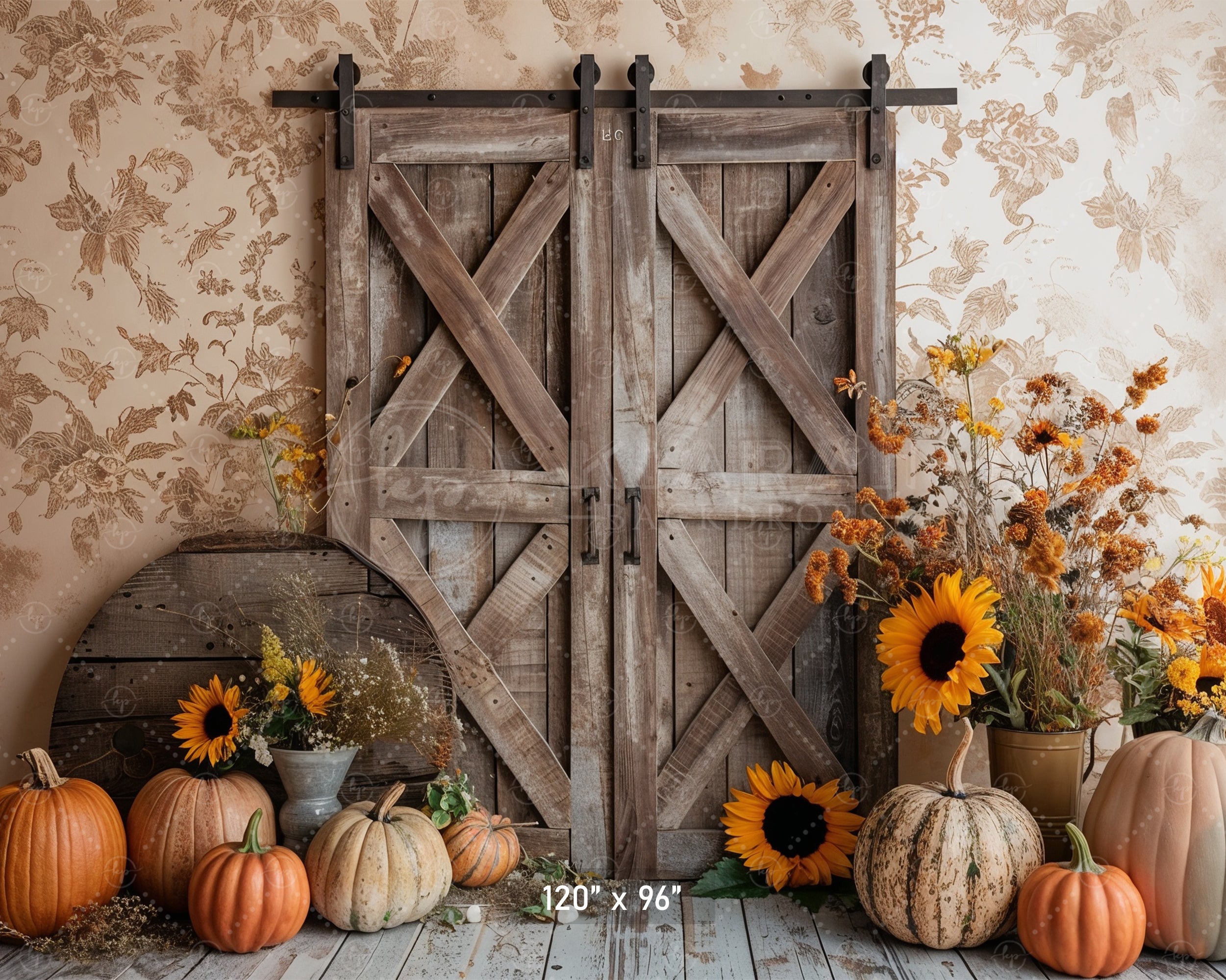 Rustic Barn Door with Sunflowers Backdrop