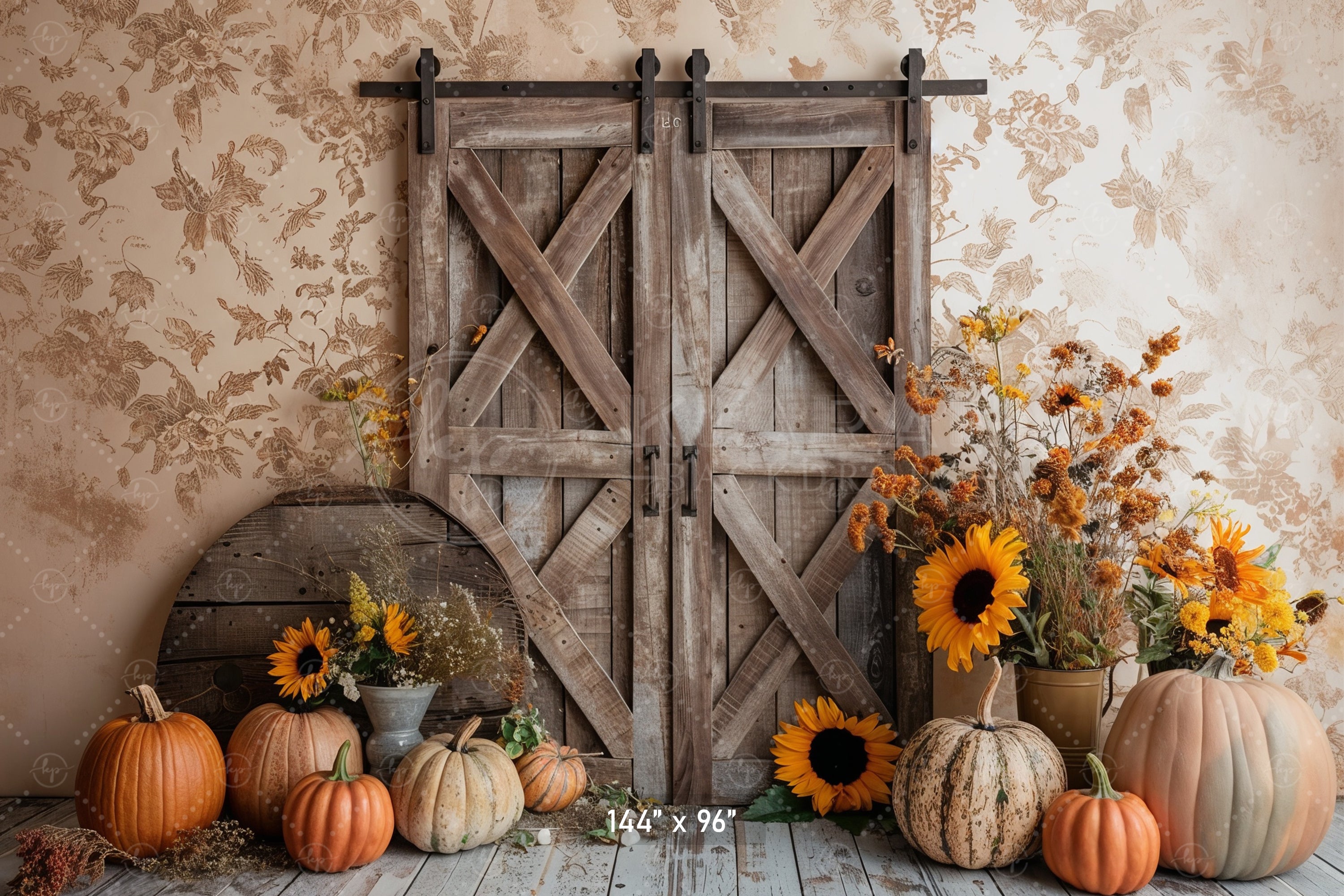 Rustic Barn Door with Sunflowers Backdrop