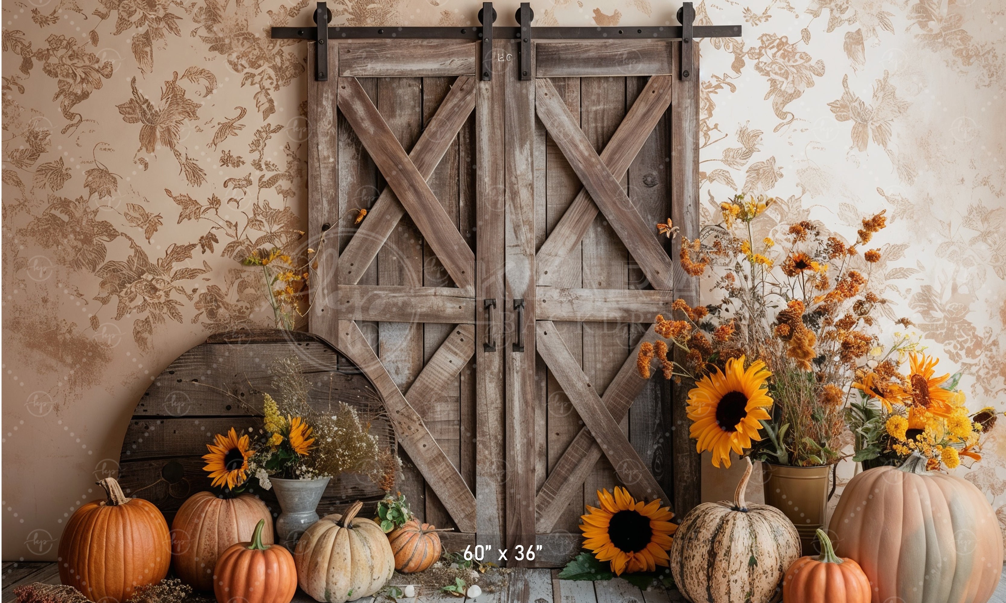 Rustic Barn Door with Sunflowers Backdrop