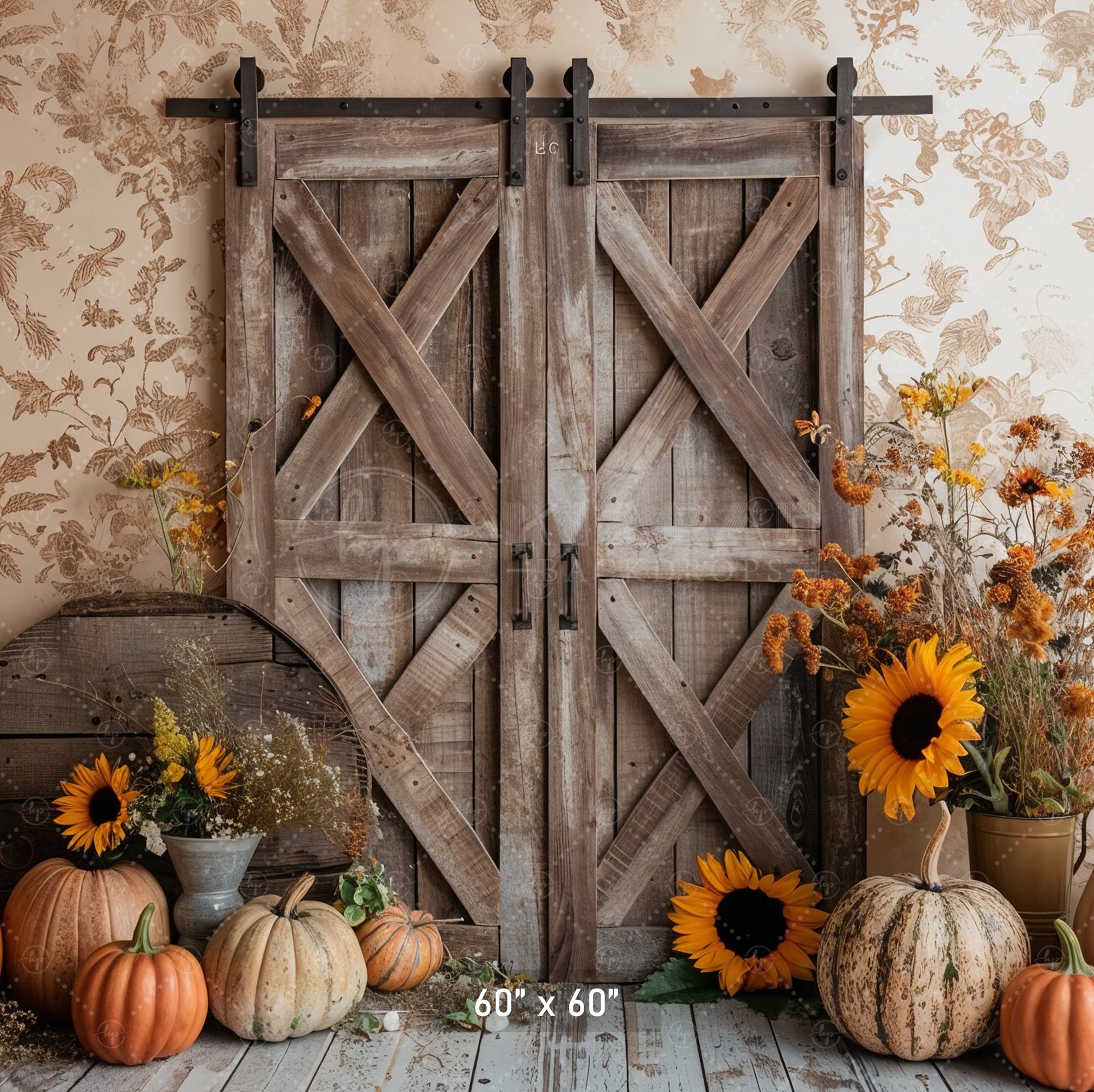 Rustic Barn Door with Sunflowers Backdrop