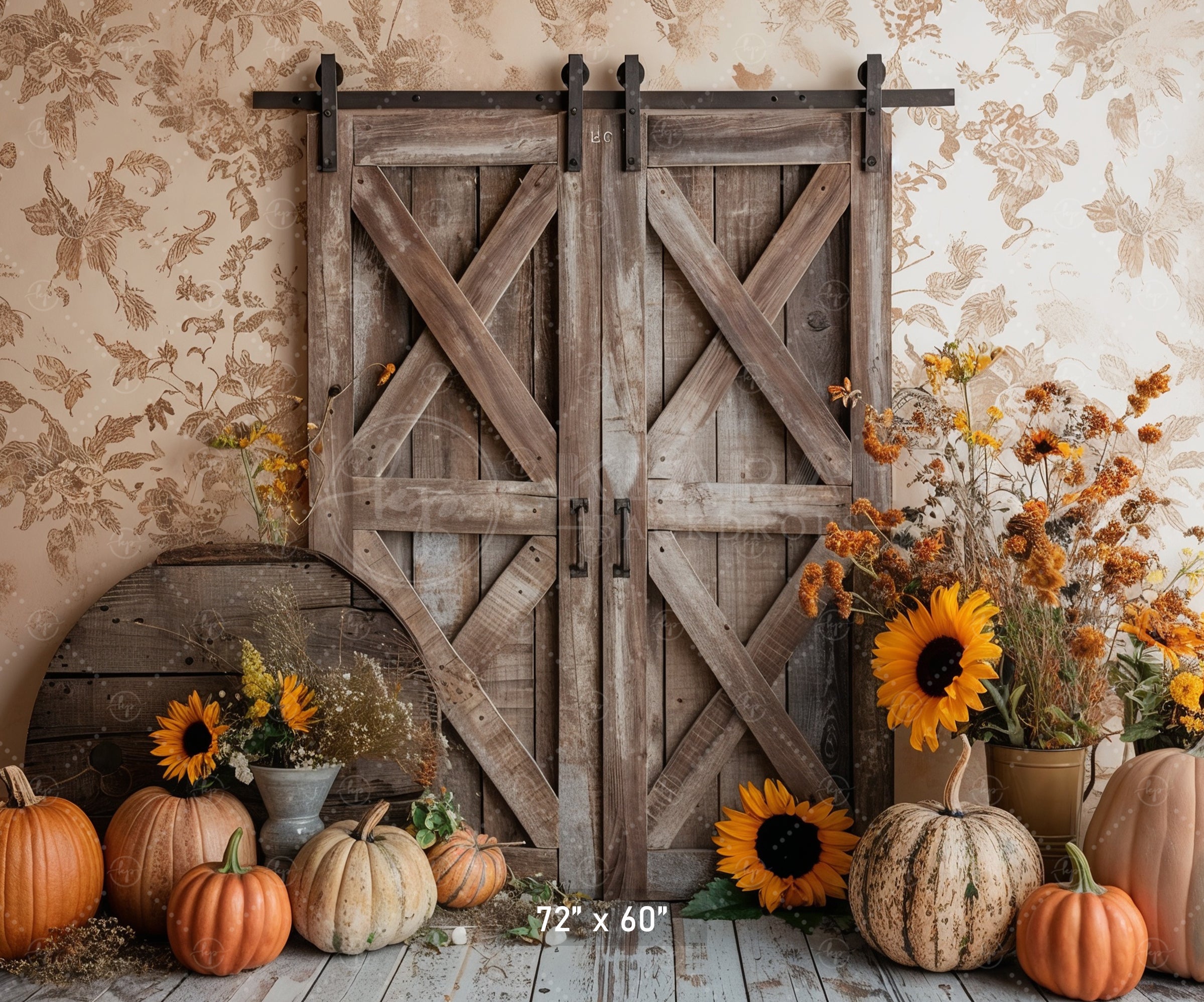 Rustic Barn Door with Sunflowers Backdrop