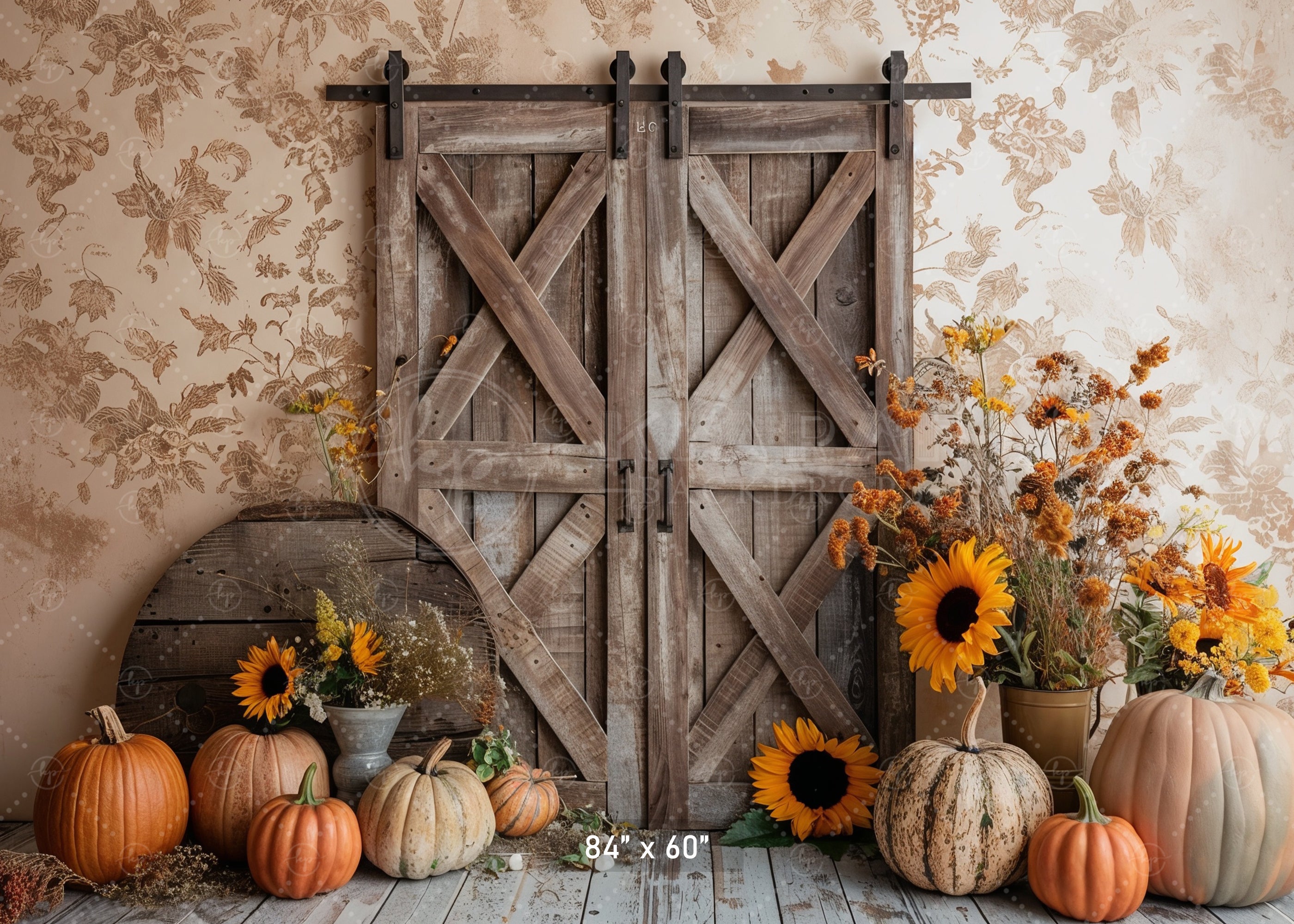 Rustic Barn Door with Sunflowers Backdrop