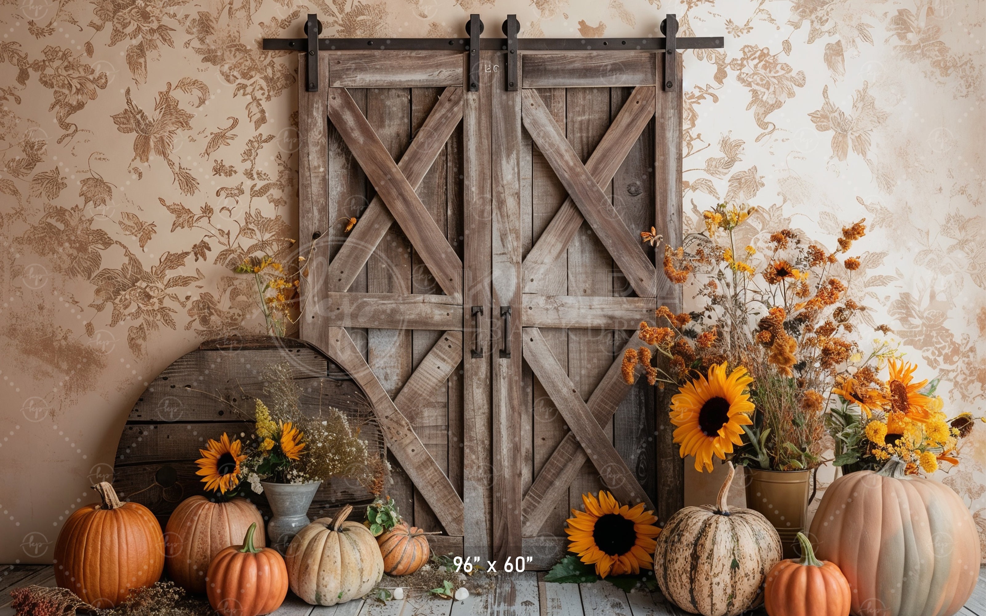 Rustic Barn Door with Sunflowers Backdrop