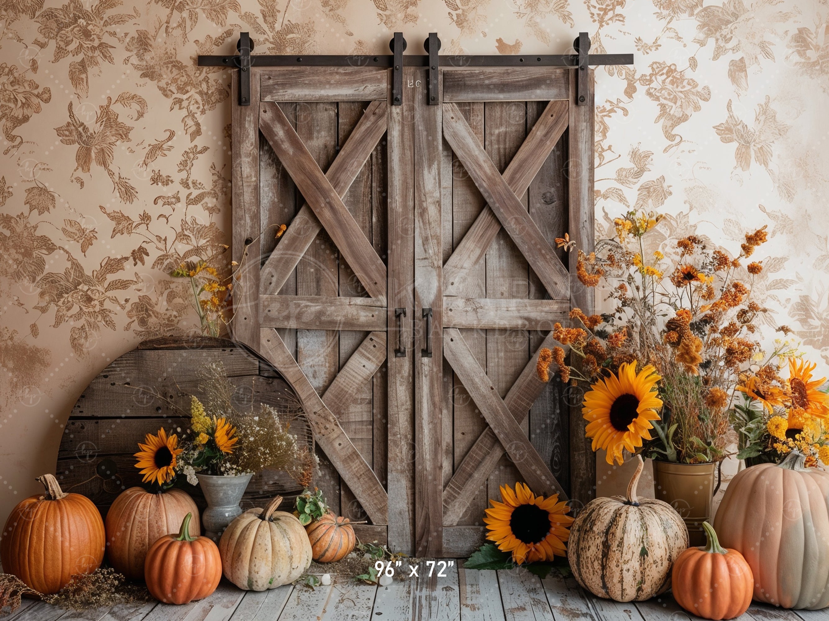 Rustic Barn Door with Sunflowers Backdrop