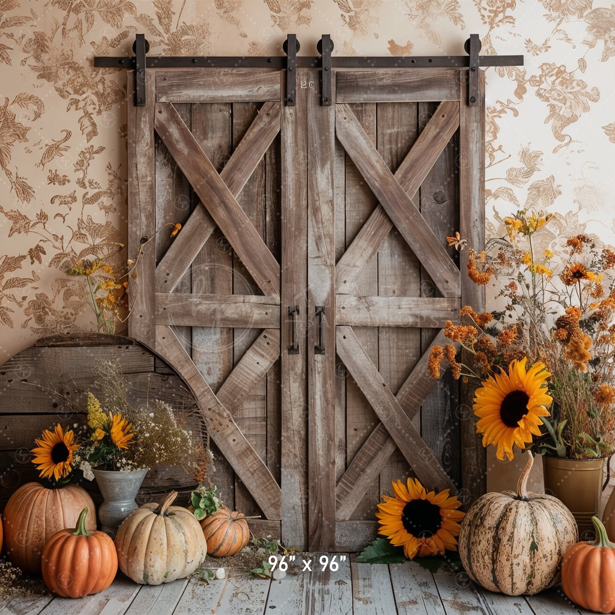 Rustic Barn Door with Sunflowers Backdrop
