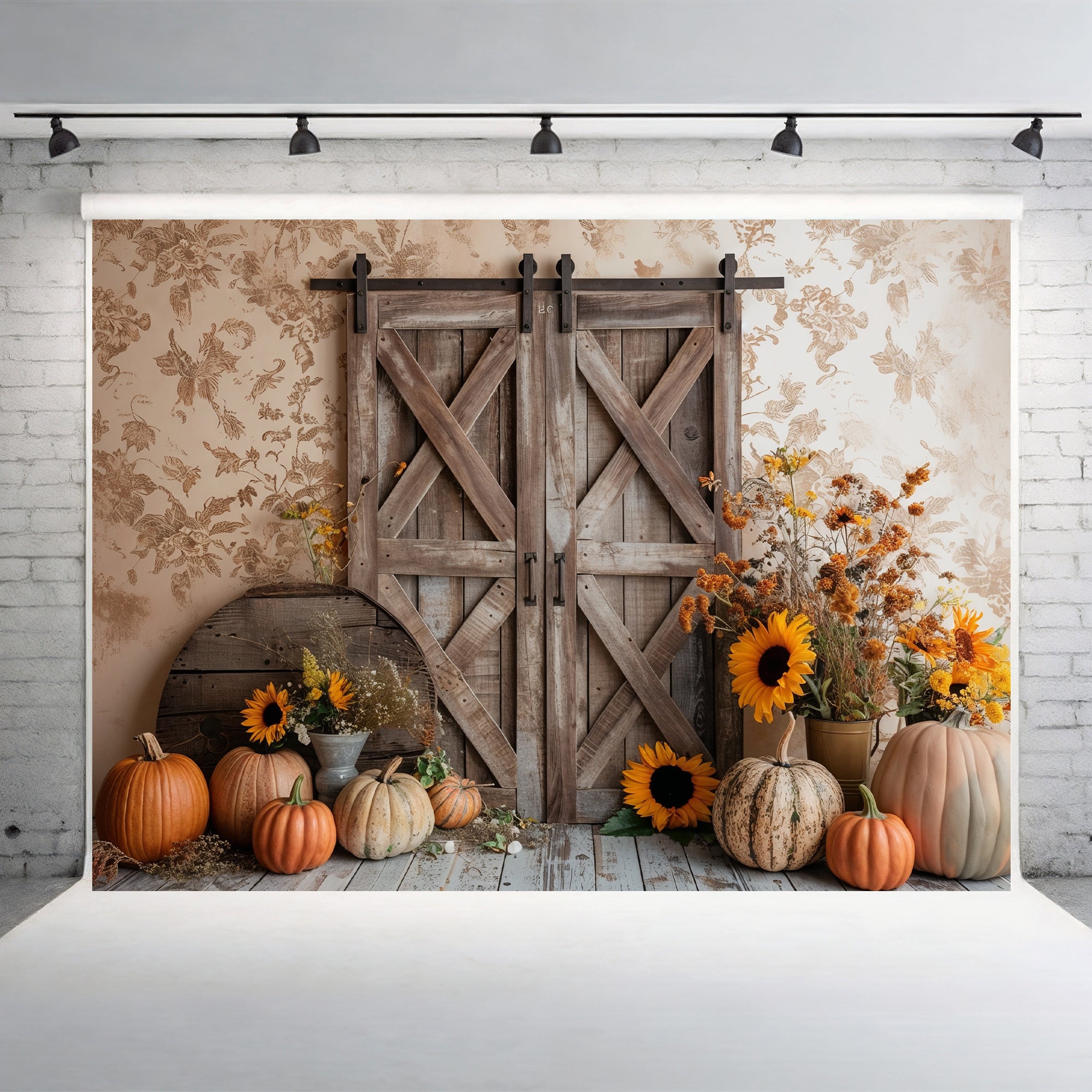 Rustic Barn Door with Sunflowers Backdrop