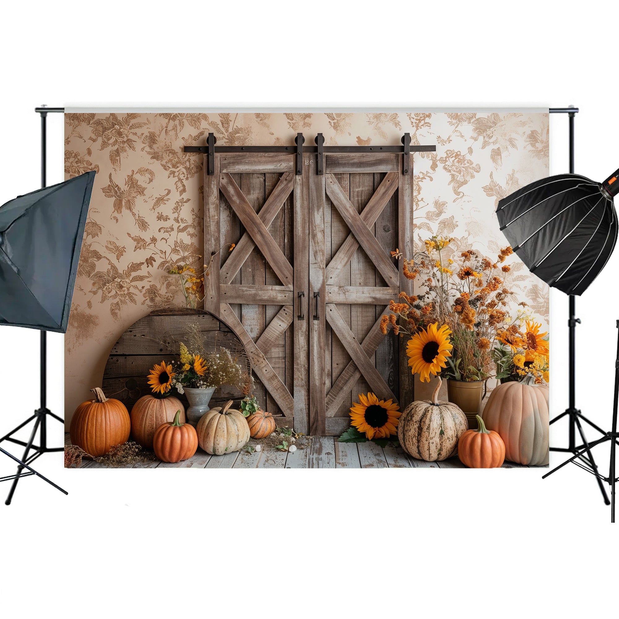 Rustic Barn Door with Sunflowers Backdrop