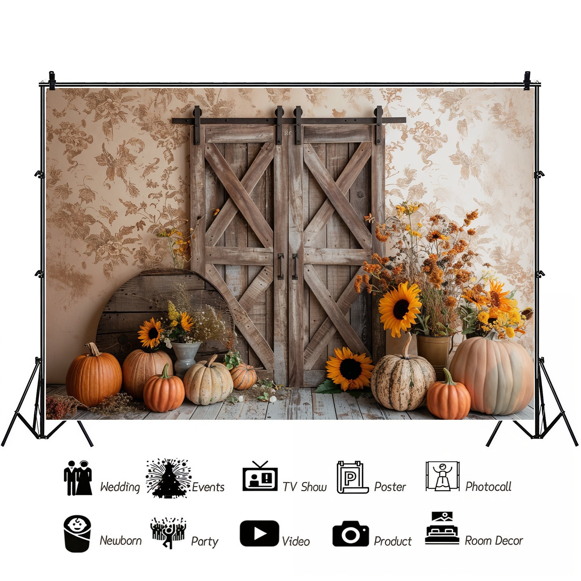 Rustic Barn Door with Sunflowers Backdrop