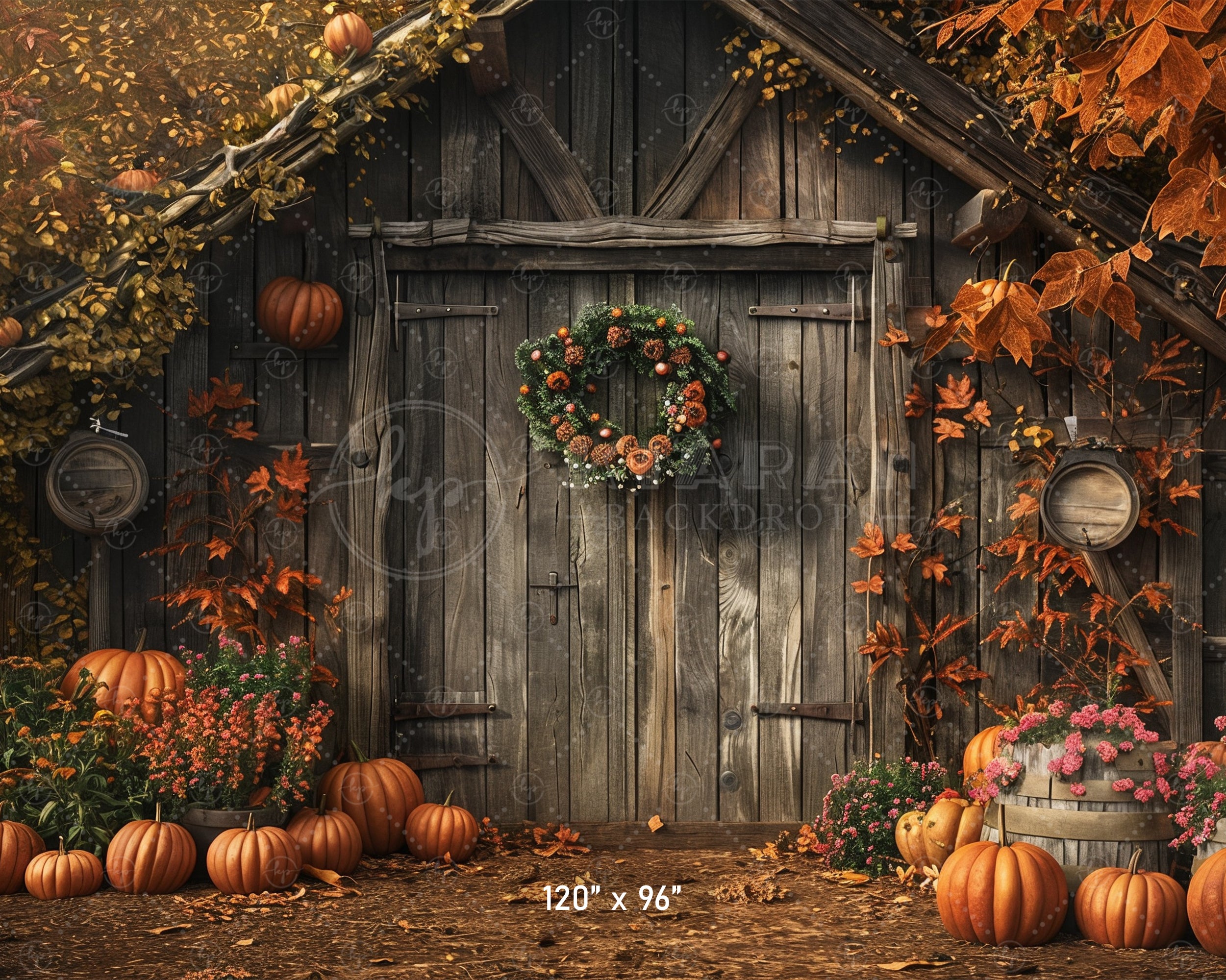 Autumn Barn with Wreath Backdrop