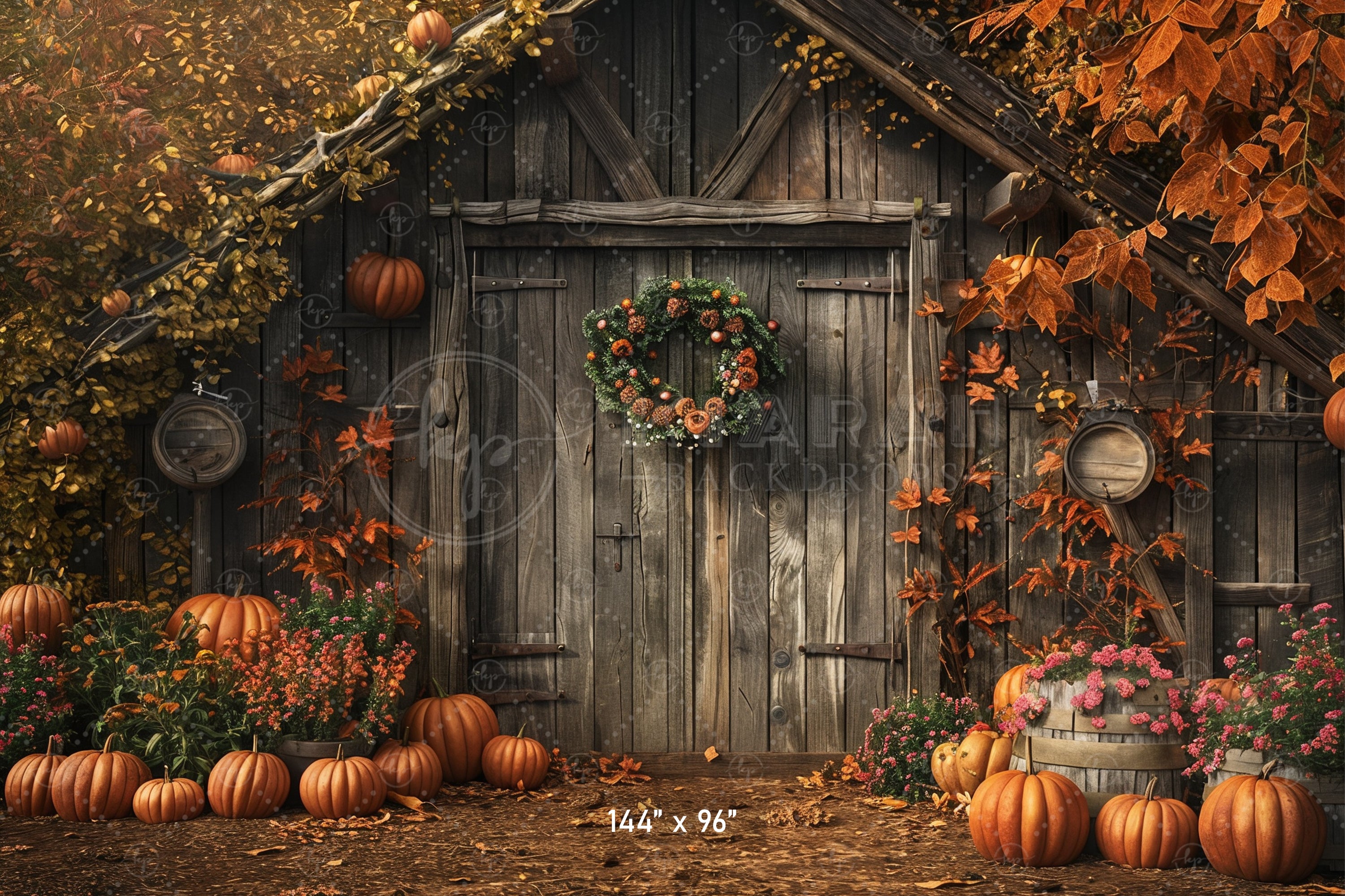 Autumn Barn with Wreath Backdrop