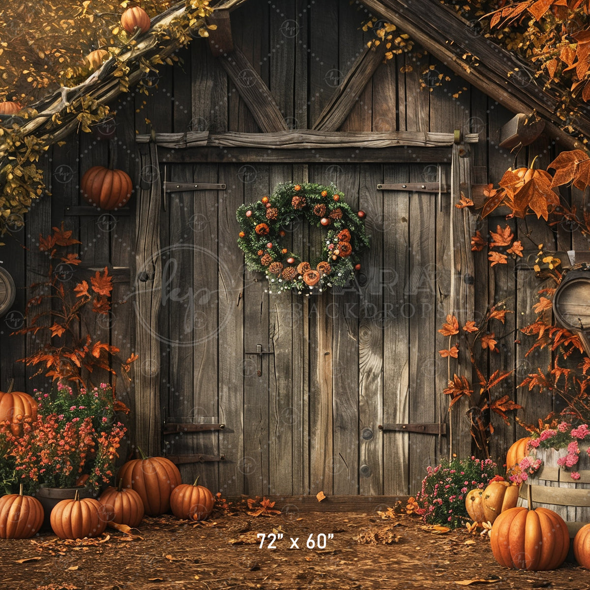 Autumn Barn with Wreath Backdrop – Kiarah Backdrops