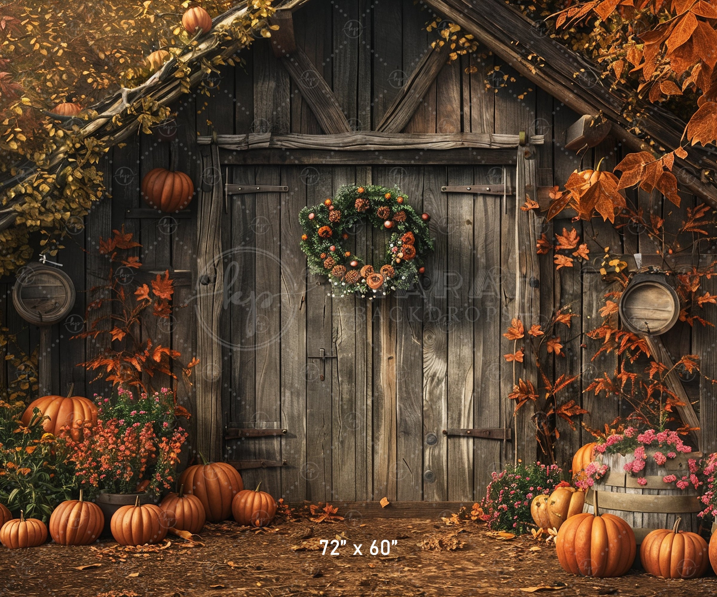 Autumn Barn with Wreath Backdrop