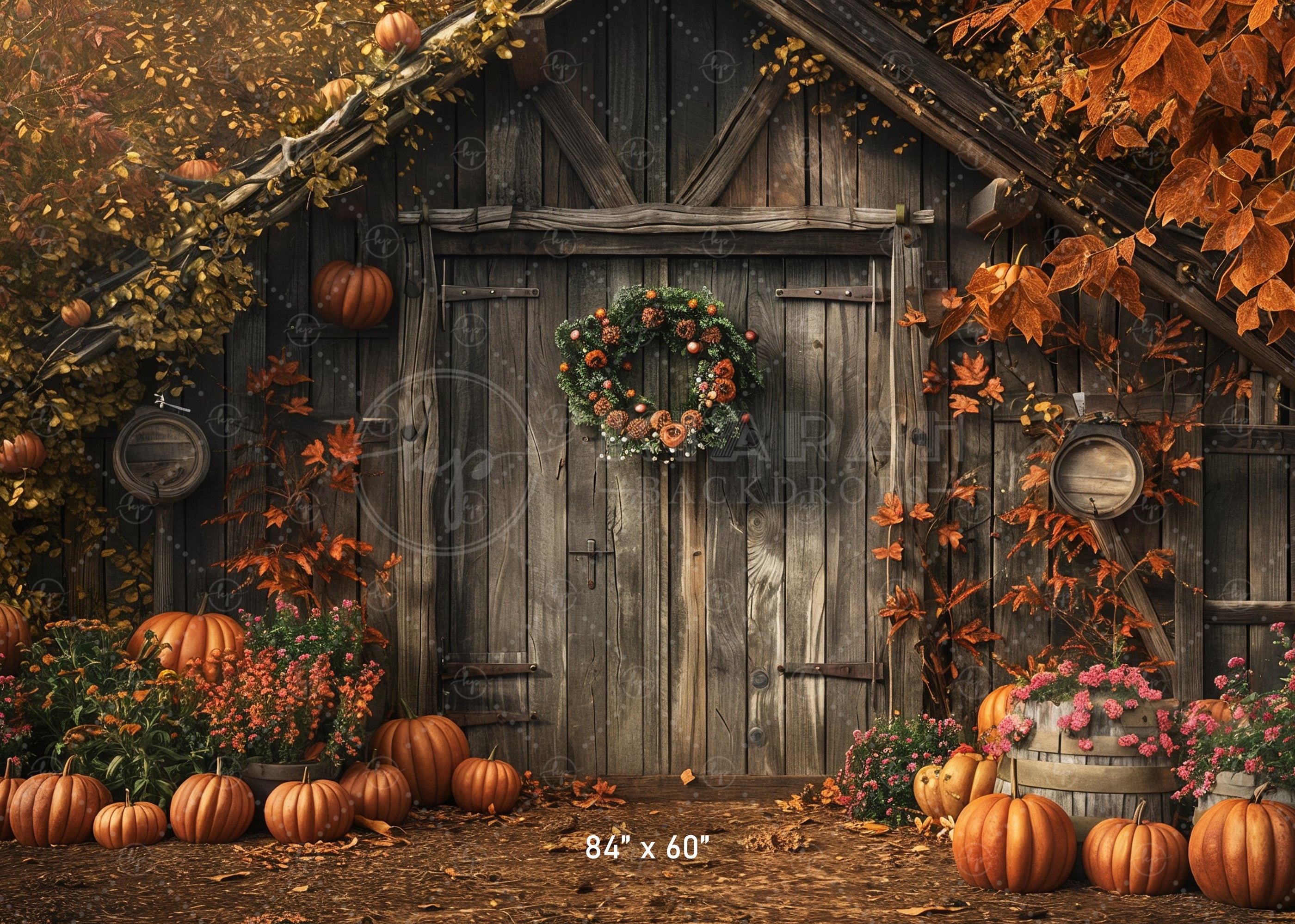 Autumn Barn with Wreath Backdrop