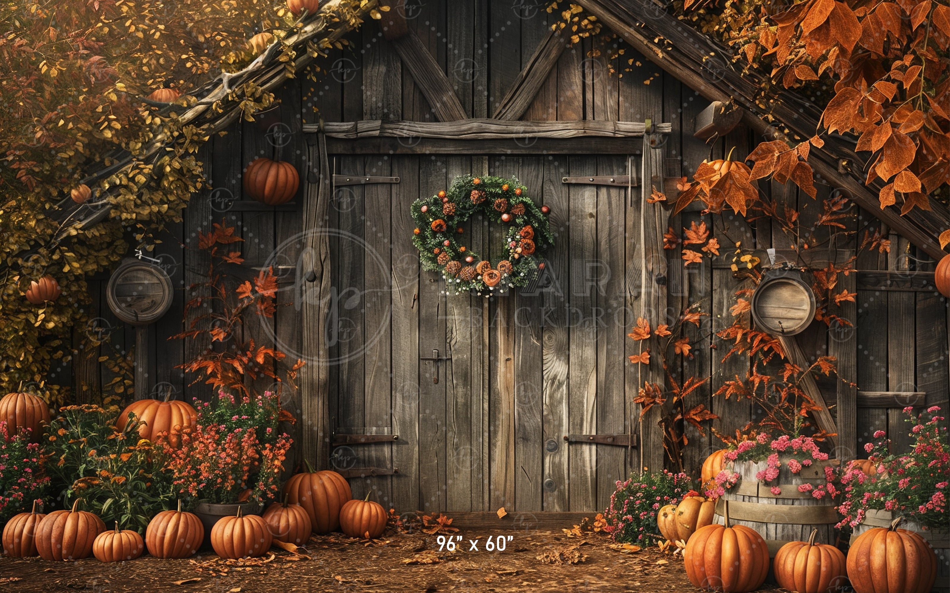 Autumn Barn with Wreath Backdrop