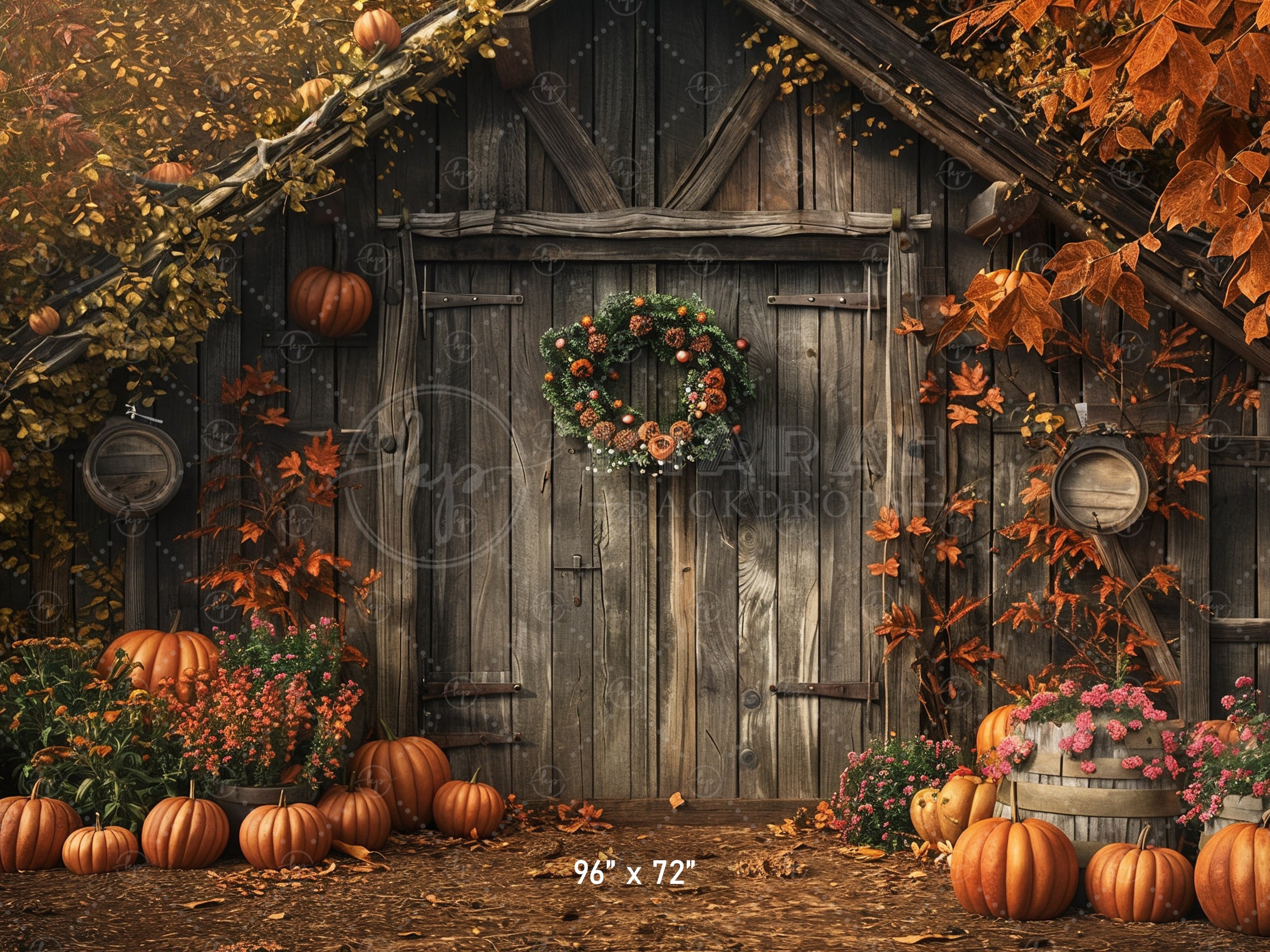 Autumn Barn with Wreath Backdrop