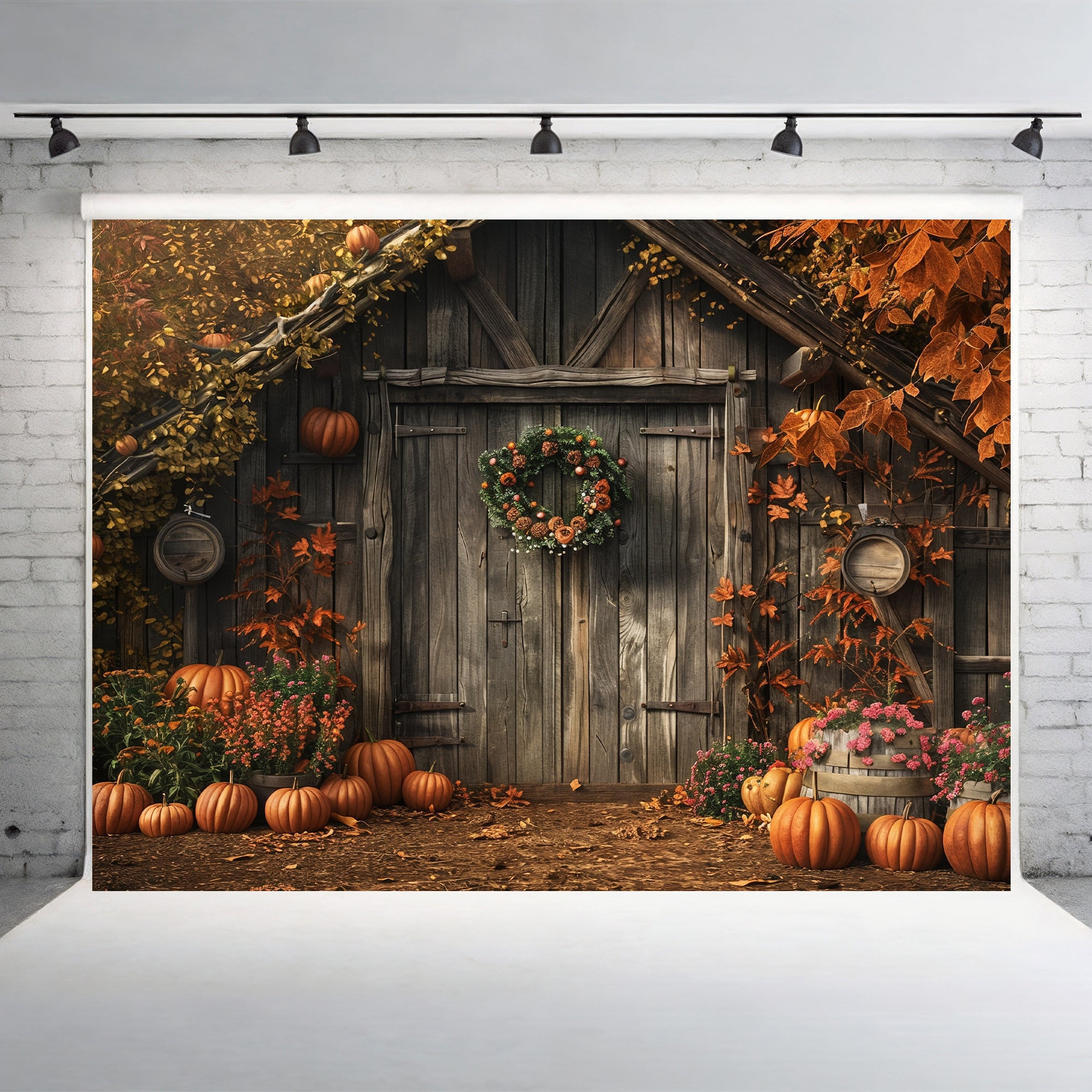 Autumn Barn with Wreath Backdrop
