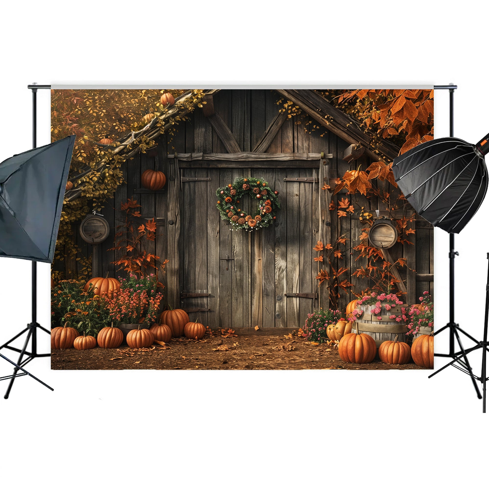 Autumn Barn with Wreath Backdrop