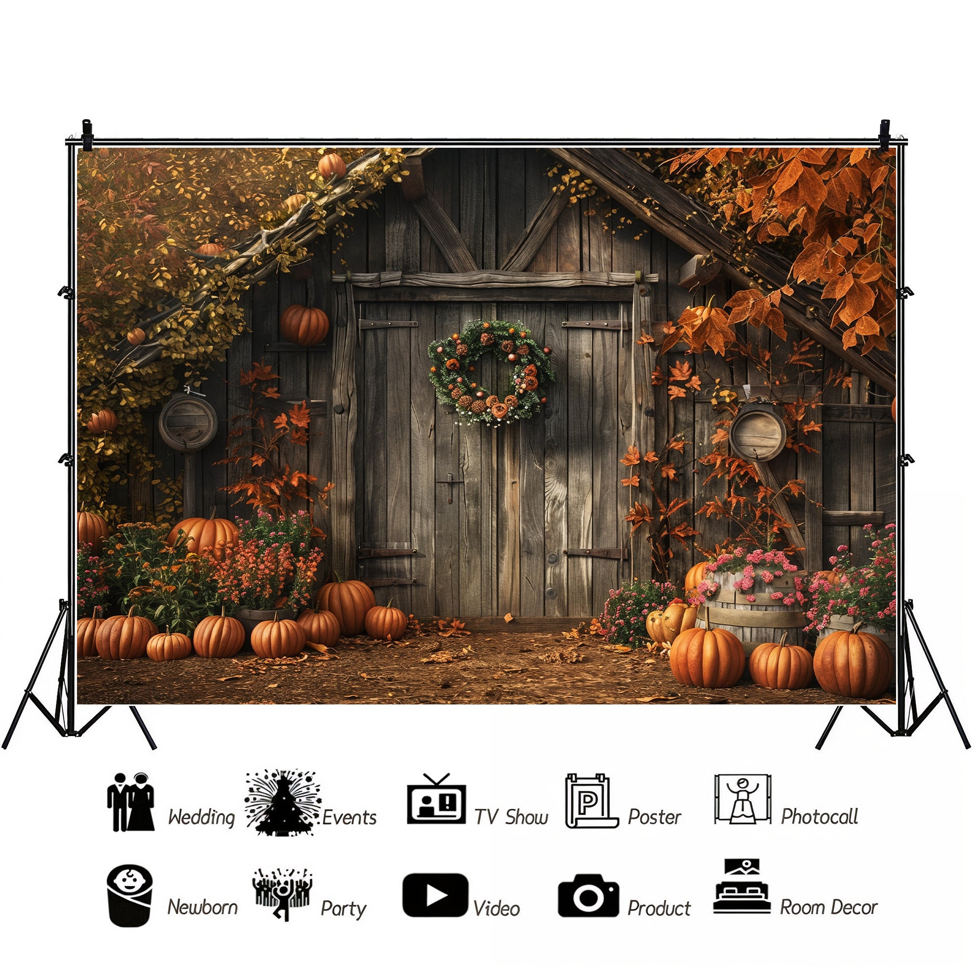 Autumn Barn with Wreath Backdrop
