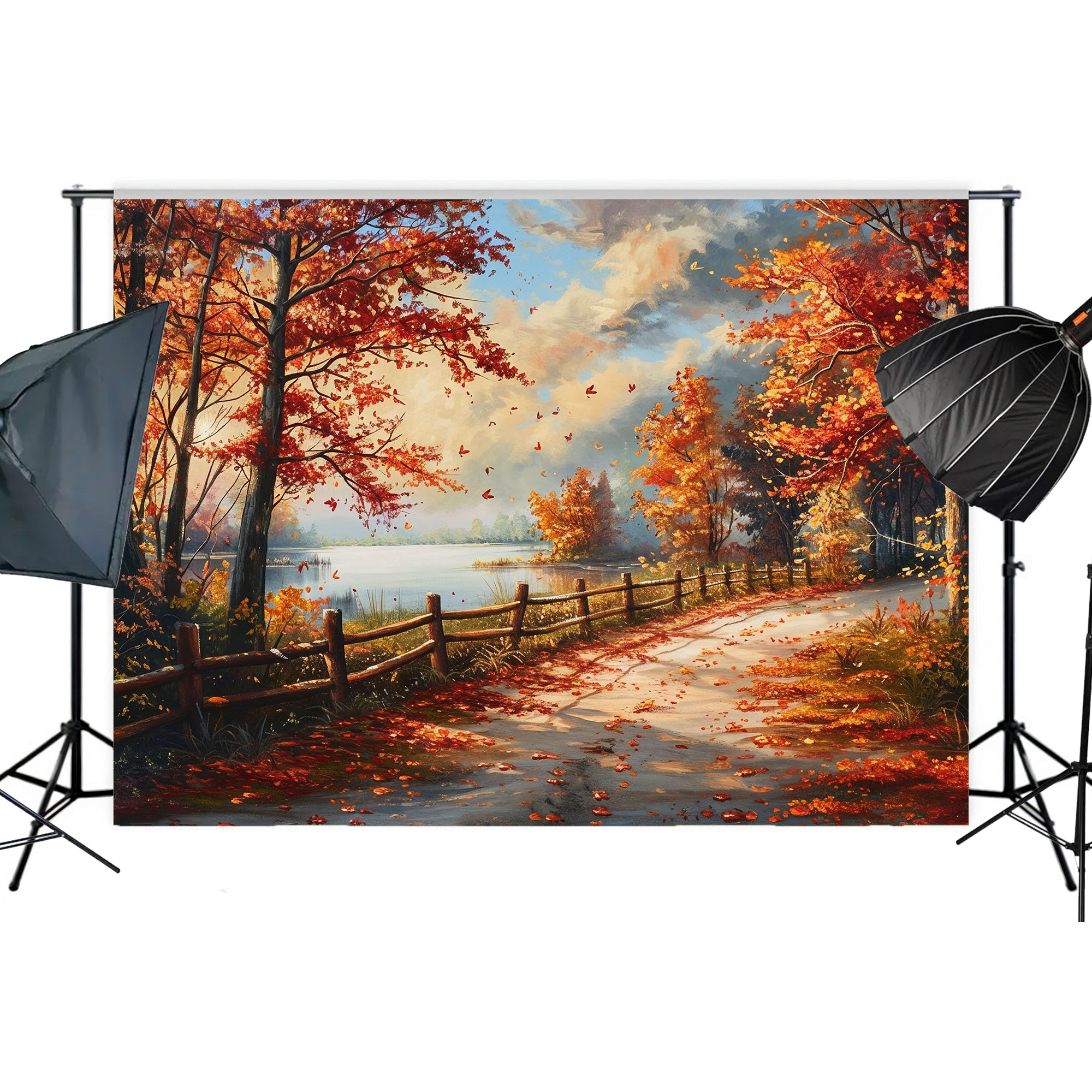 Lakeside Autumn Path Backdrop