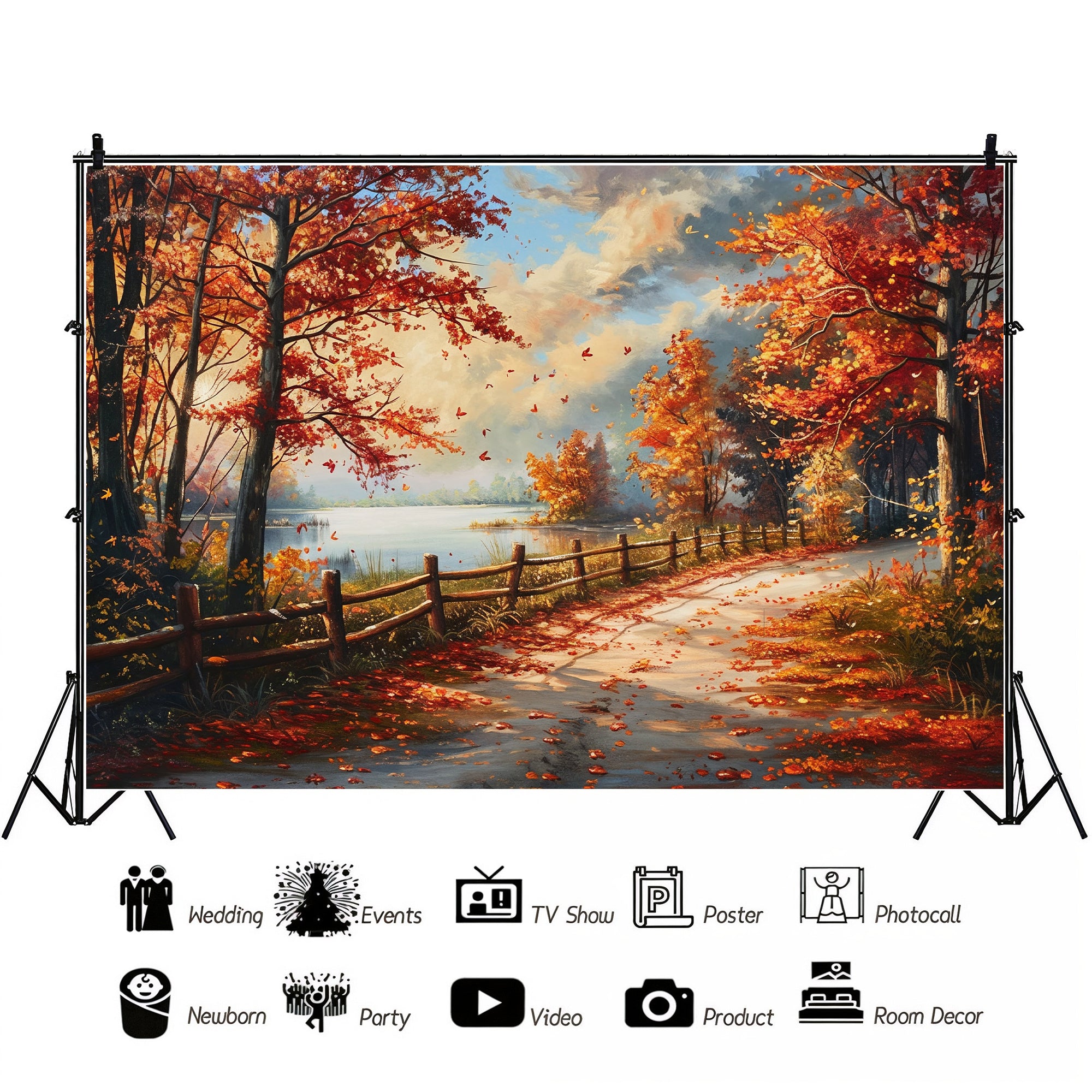 Lakeside Autumn Path Backdrop