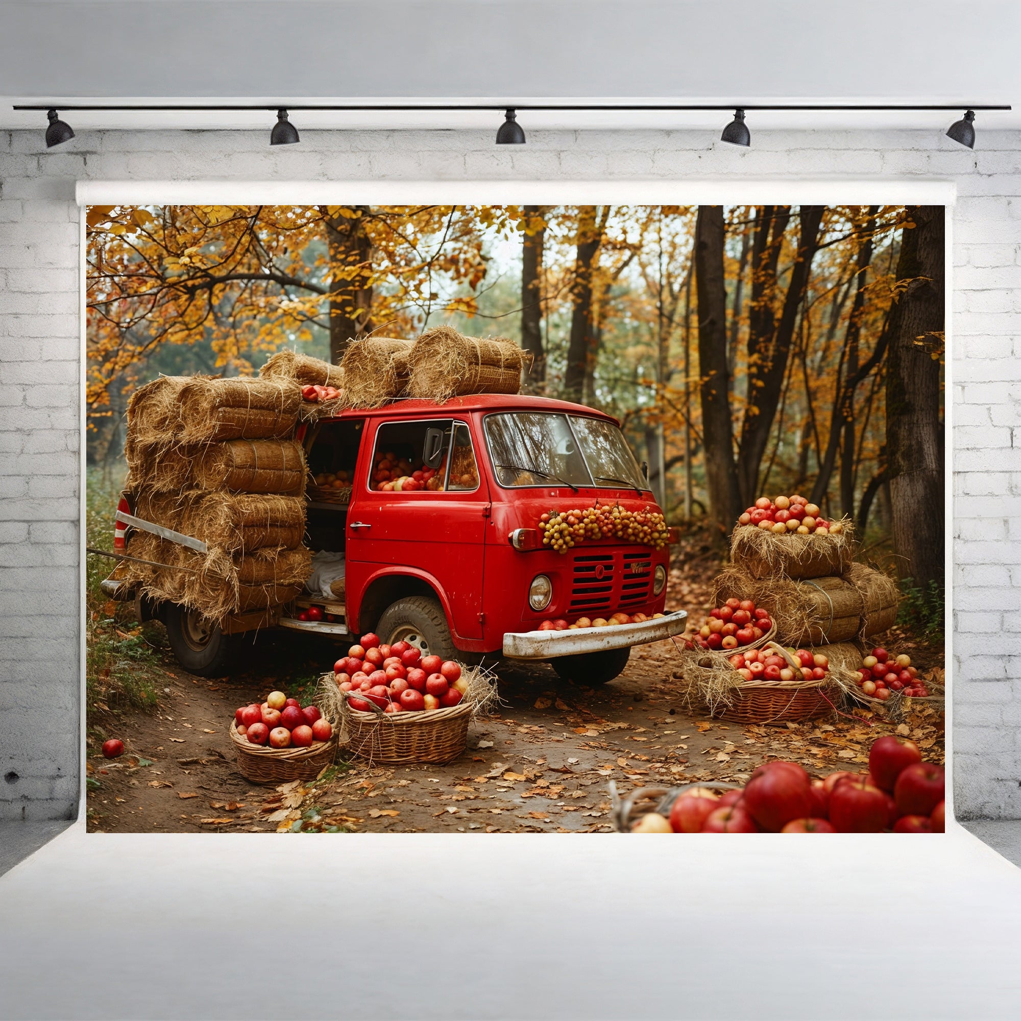 Rustic Red Truck Autumn Harvest Backdrop