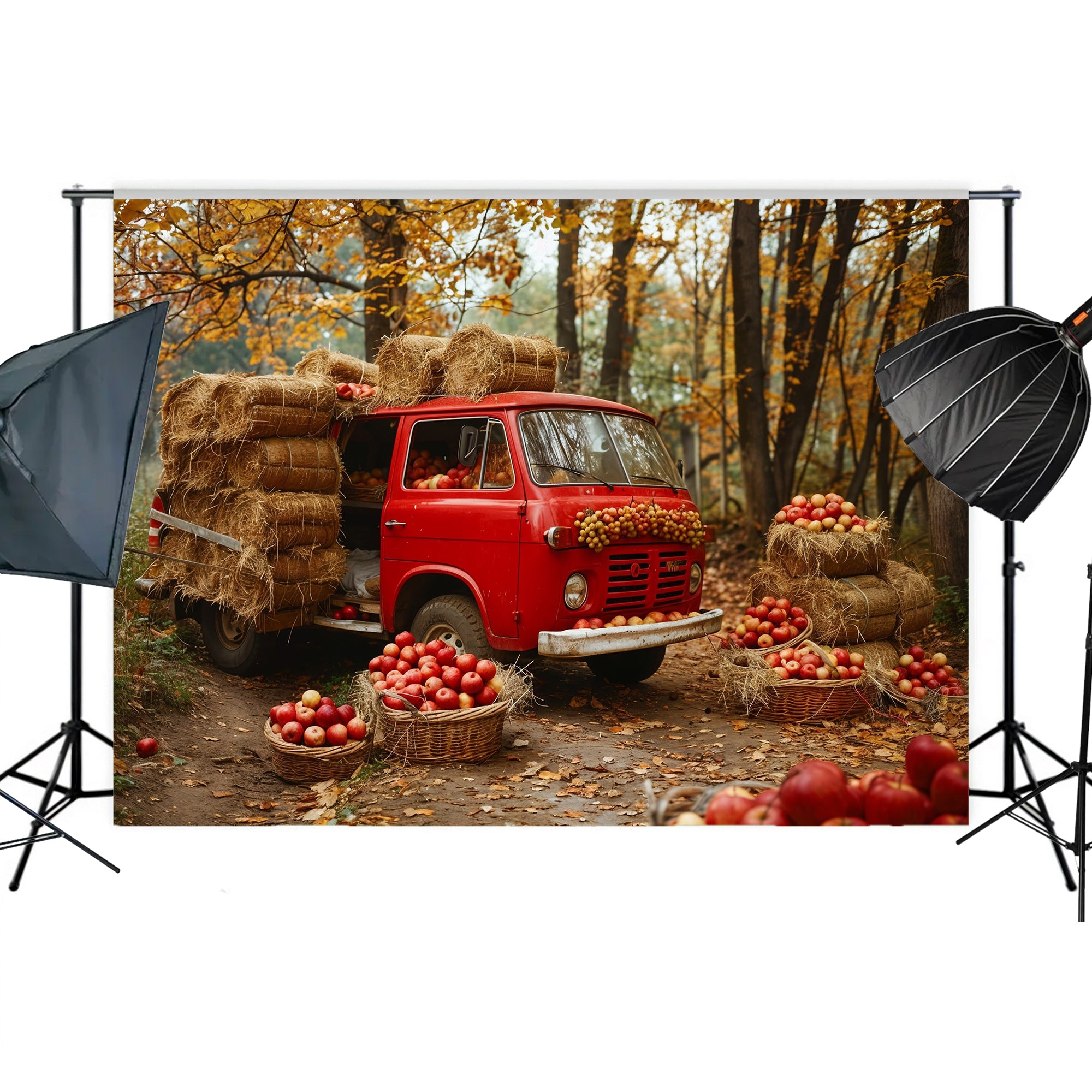 Rustic Red Truck Autumn Harvest Backdrop