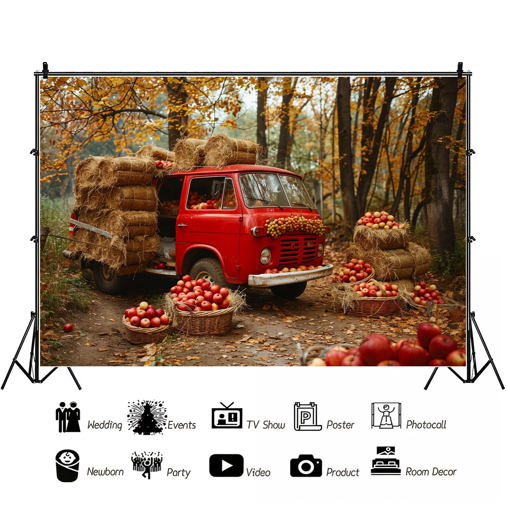 Rustic Red Truck Autumn Harvest Backdrop