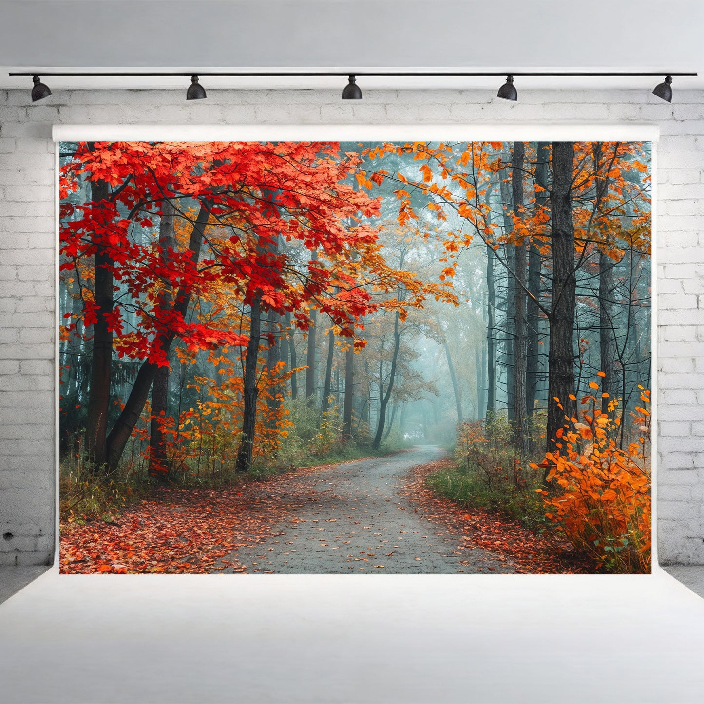 Misty Autumn Forest Path Backdrop