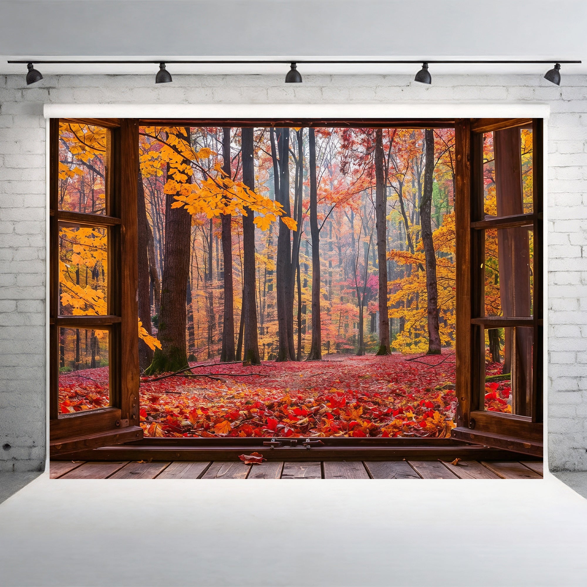 Vibrant Autumn Forest Window View Backdrop