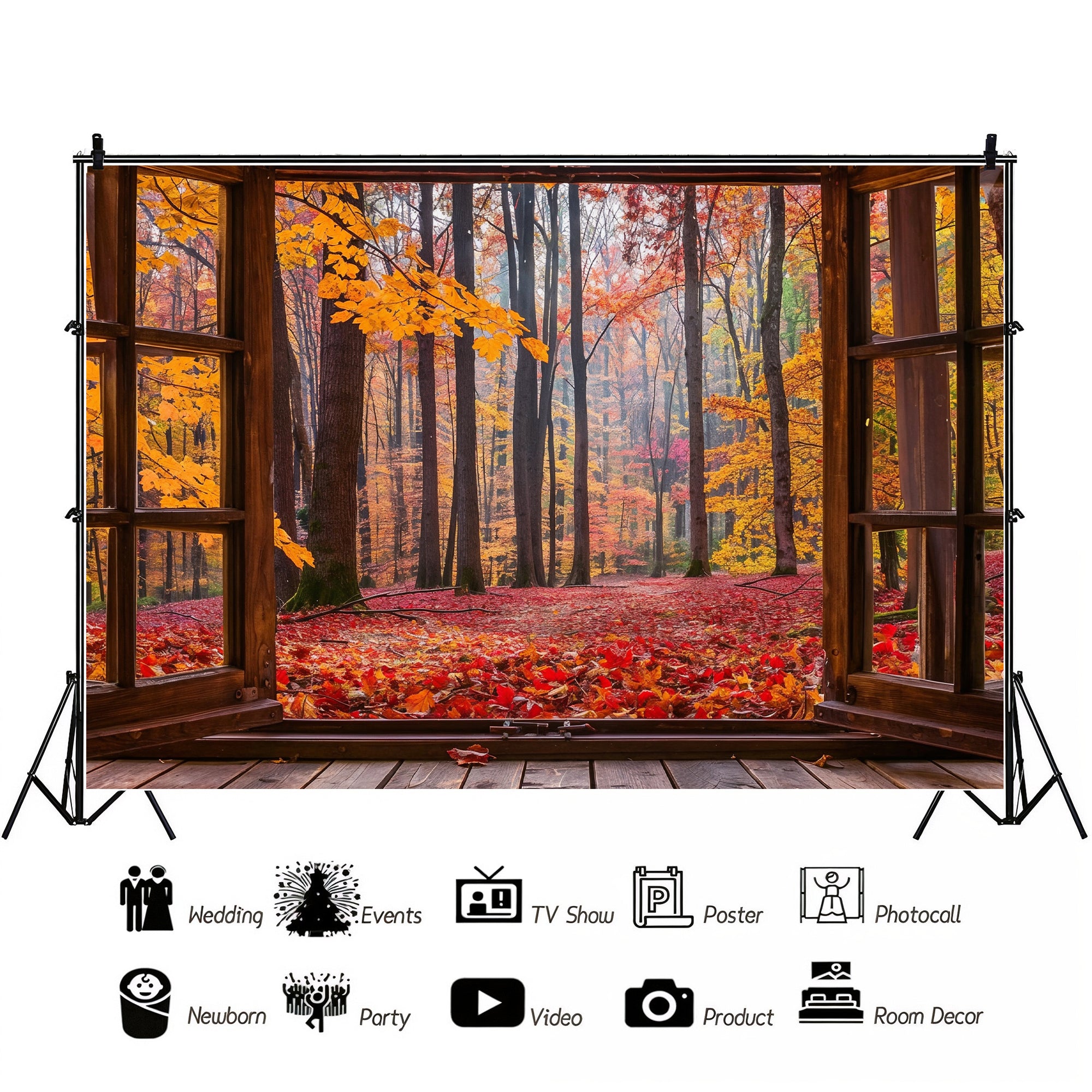 Vibrant Autumn Forest Window View Backdrop