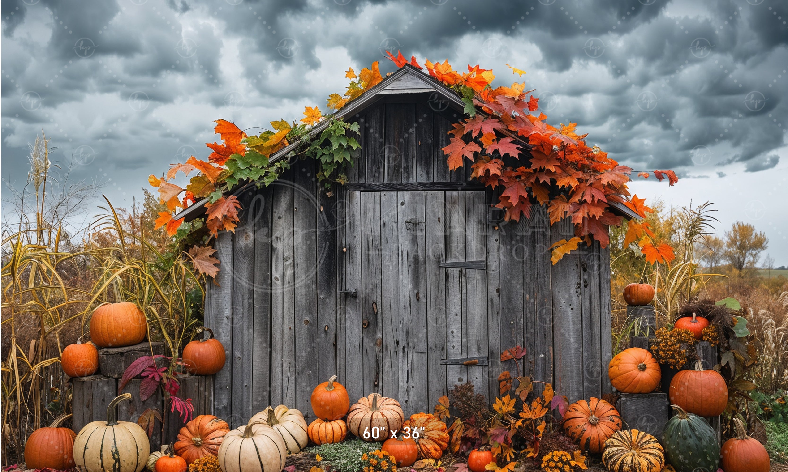 Rustic Autumn Shed with Pumpkins Backdrop