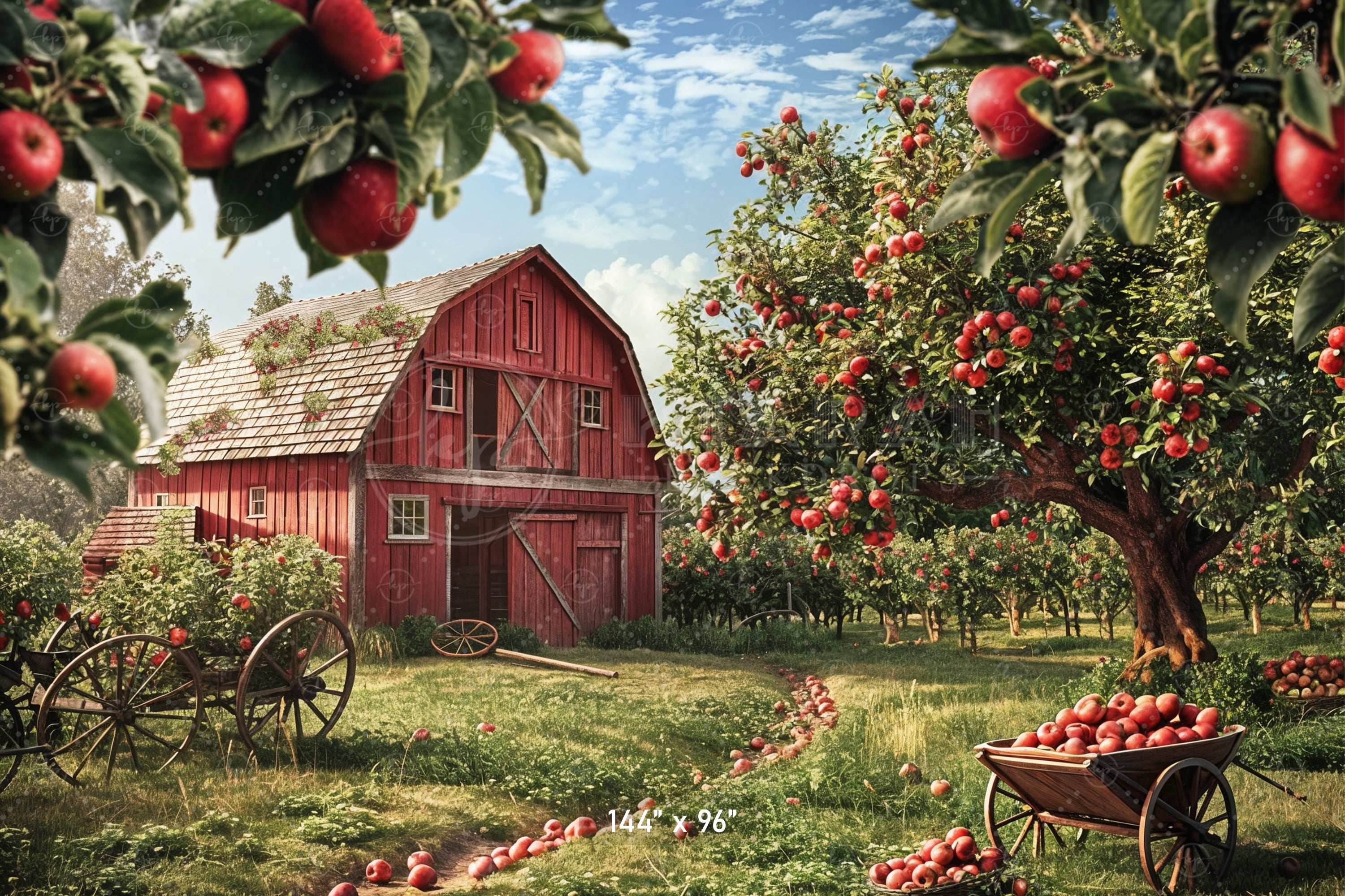 Classic Apple Orchard Red Barn Backdrop