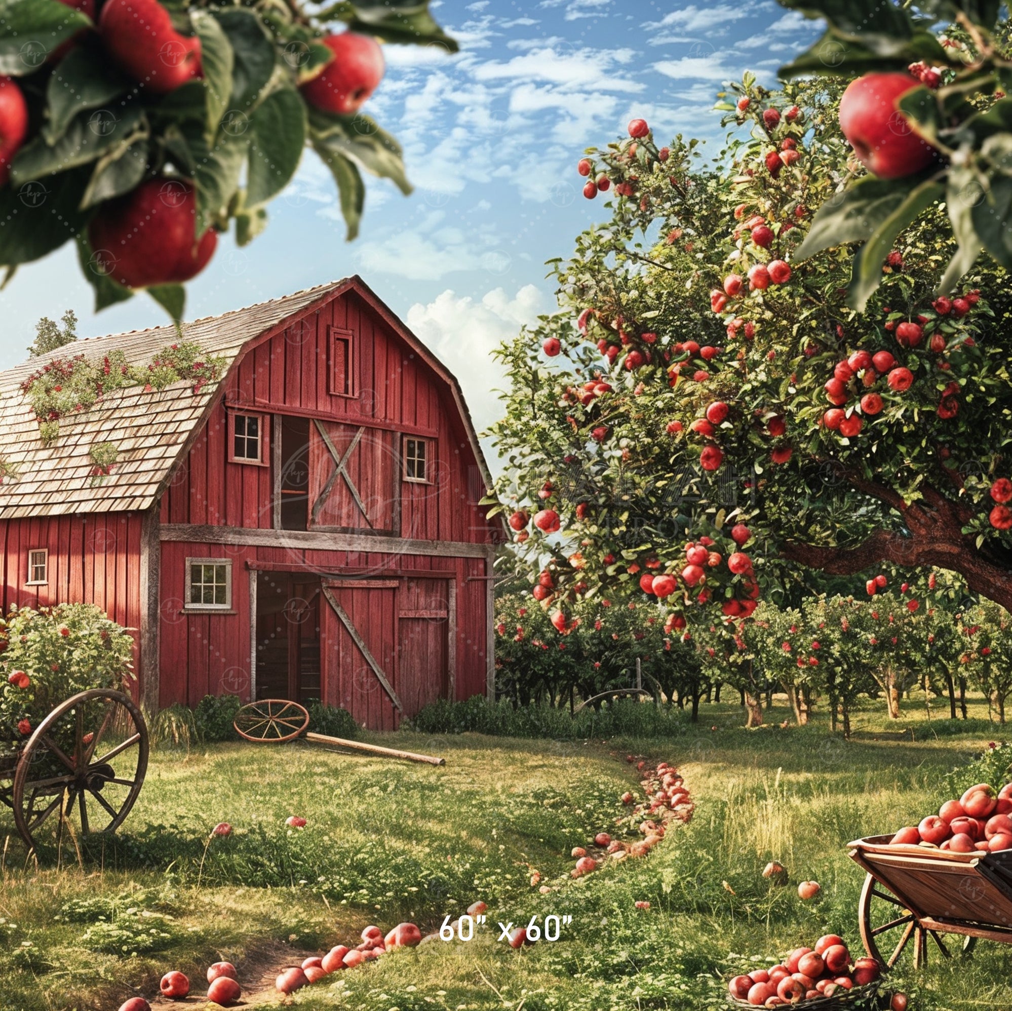 Classic Apple Orchard Red Barn Backdrop