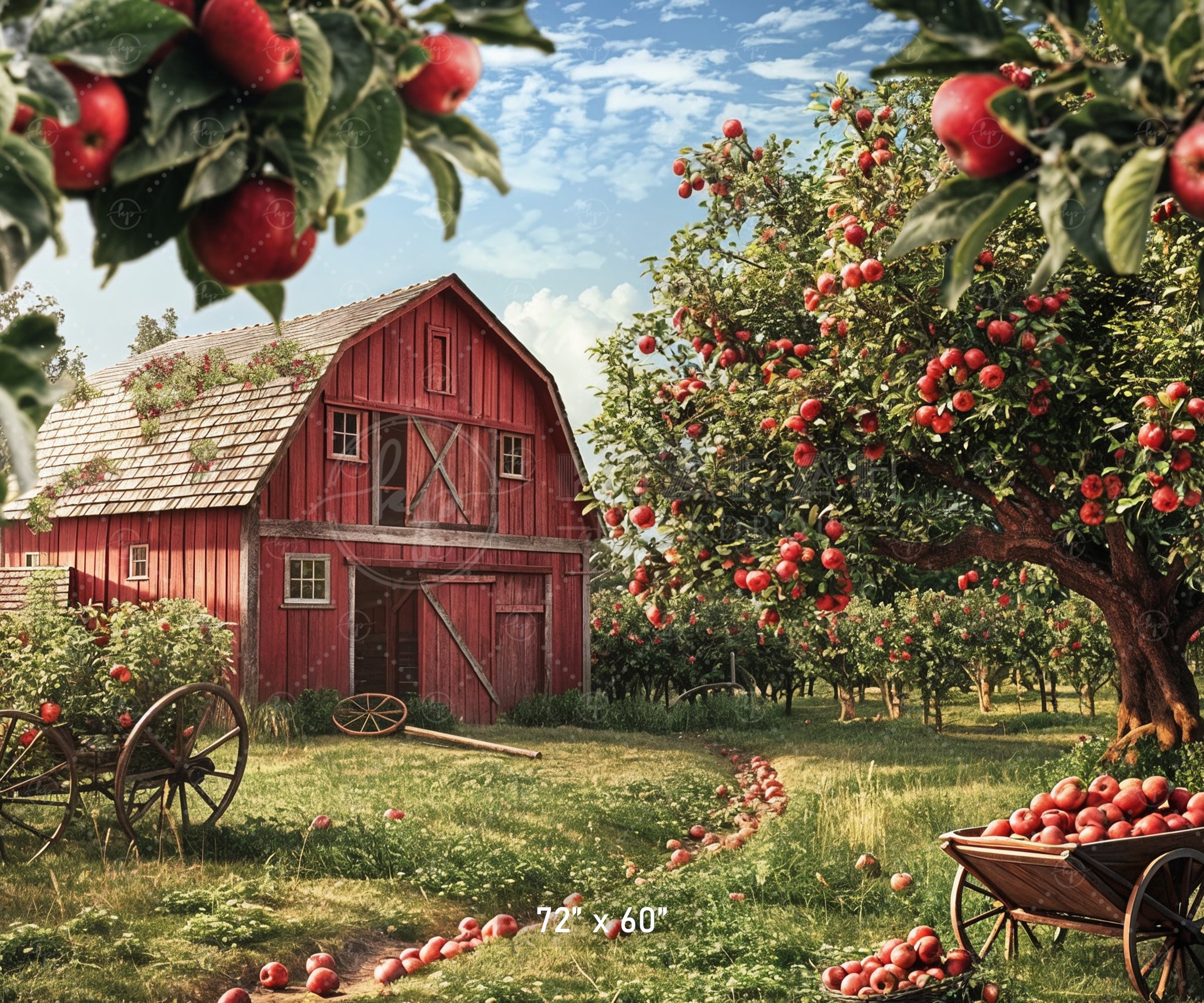Classic Apple Orchard Red Barn Backdrop
