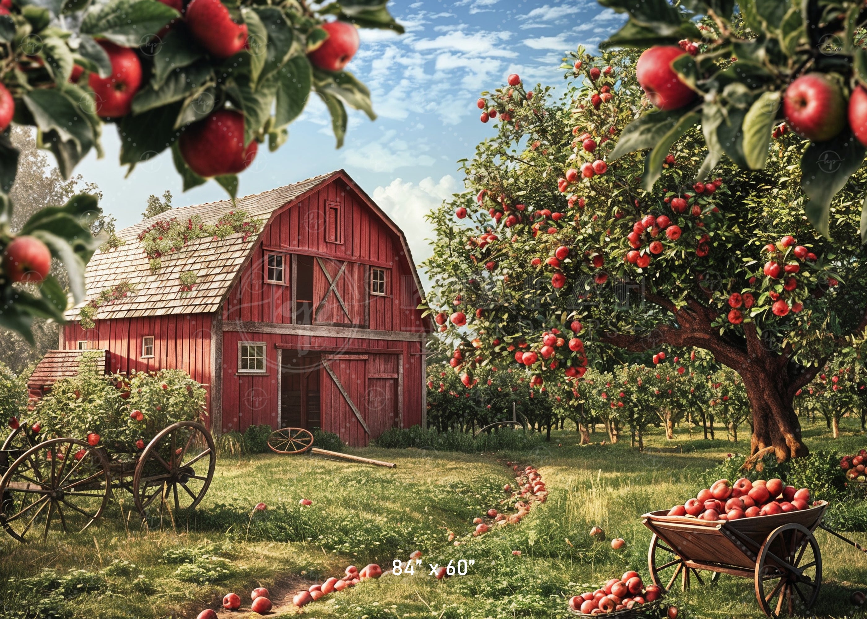 Classic Apple Orchard Red Barn Backdrop