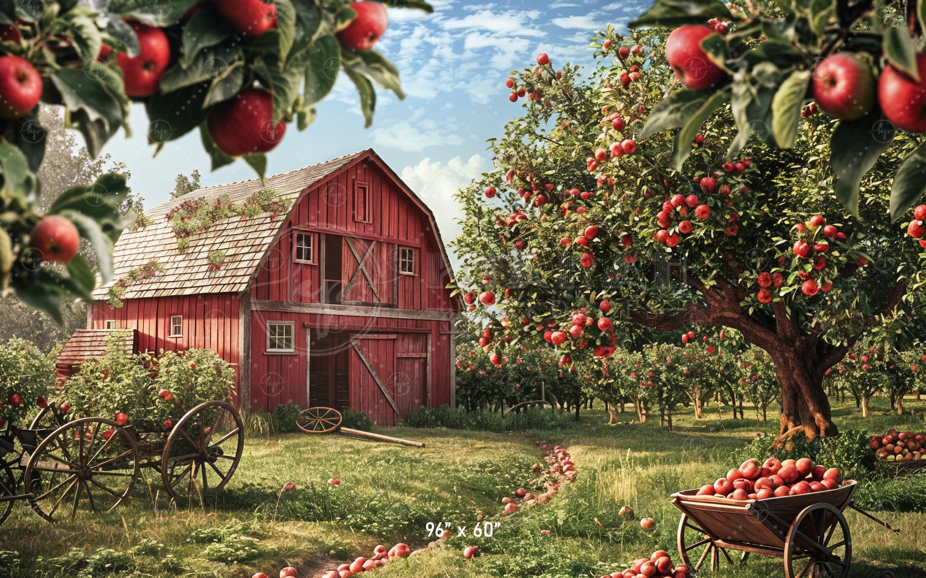 Classic Apple Orchard Red Barn Backdrop
