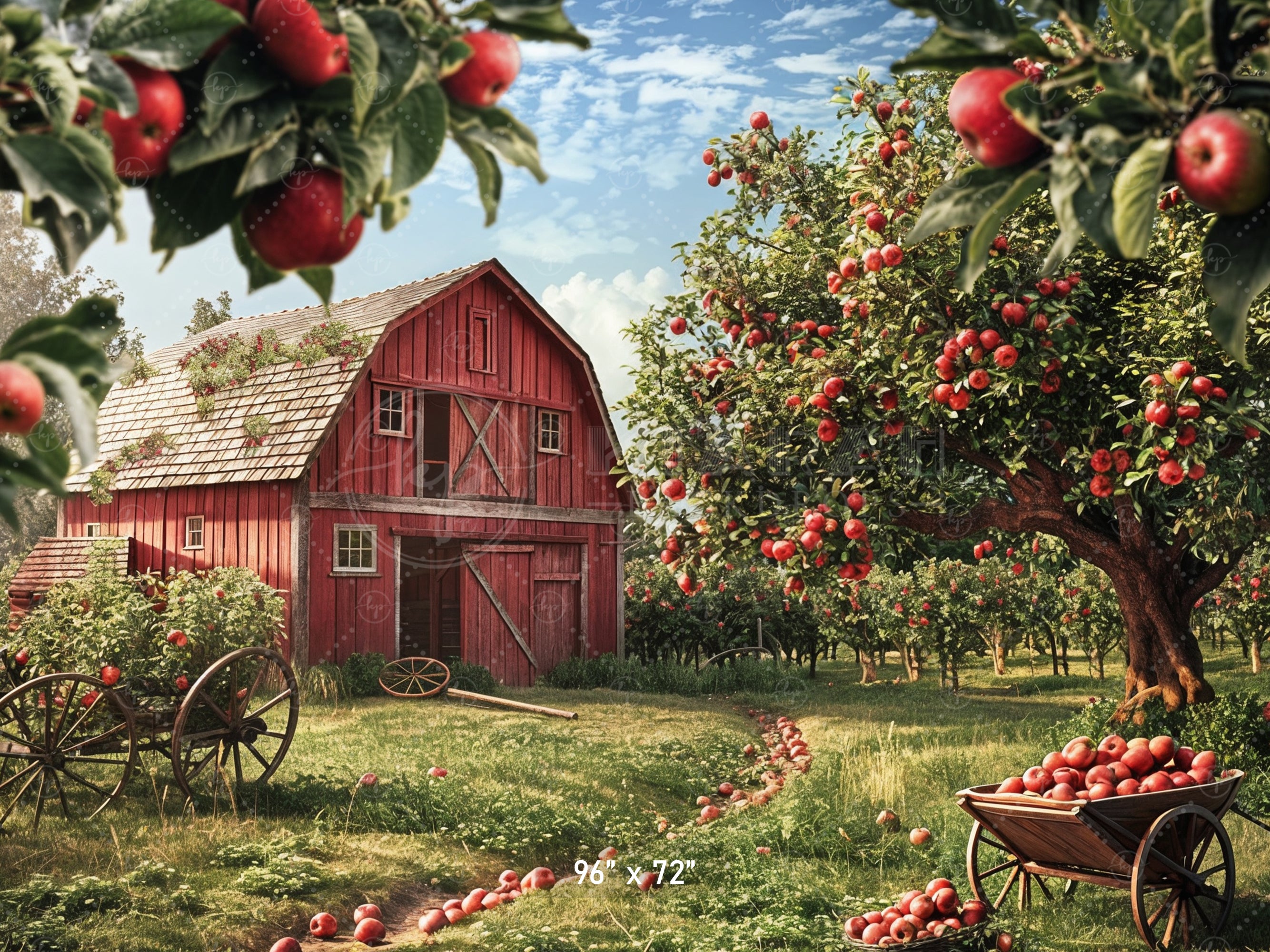 Classic Apple Orchard Red Barn Backdrop