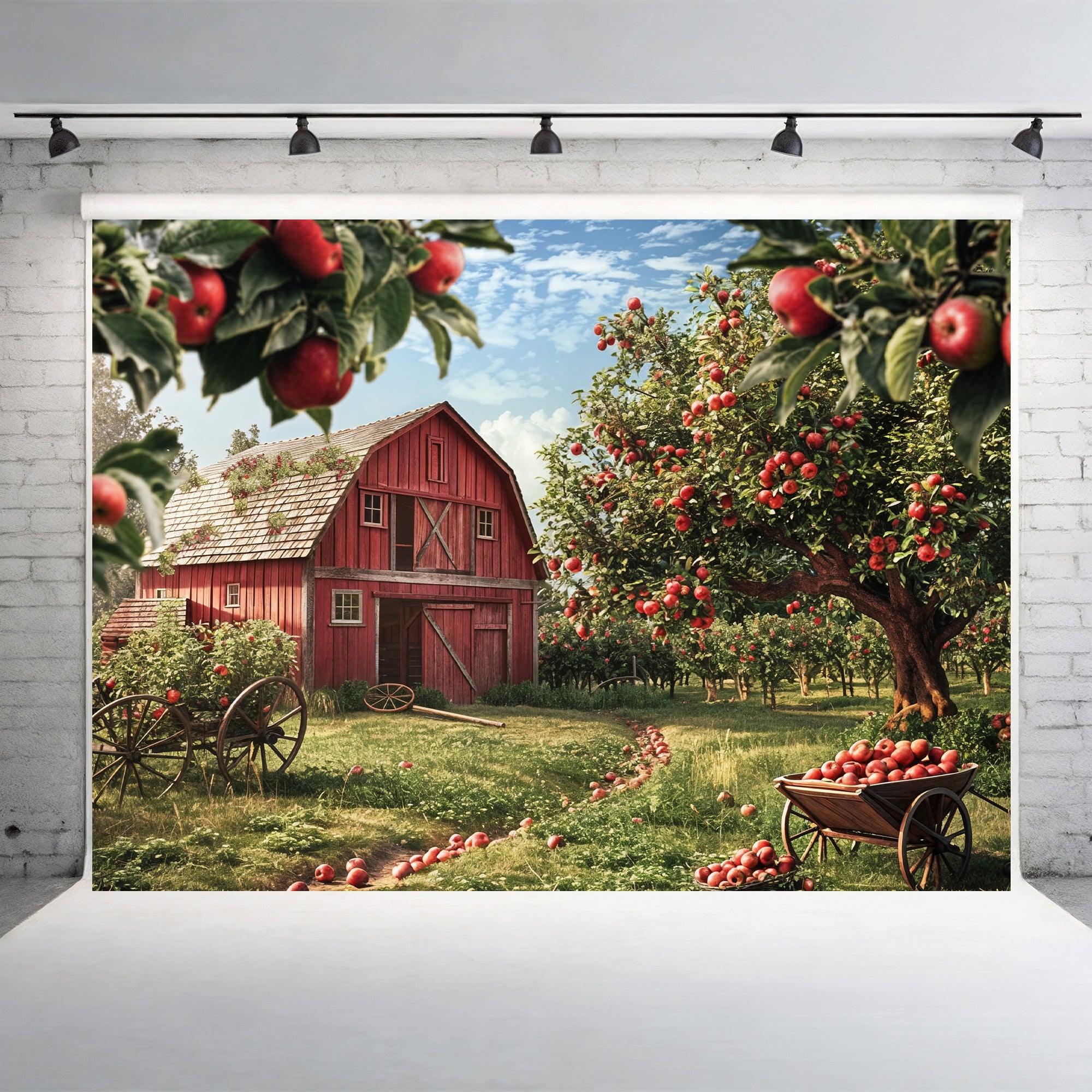 Classic Apple Orchard Red Barn Backdrop