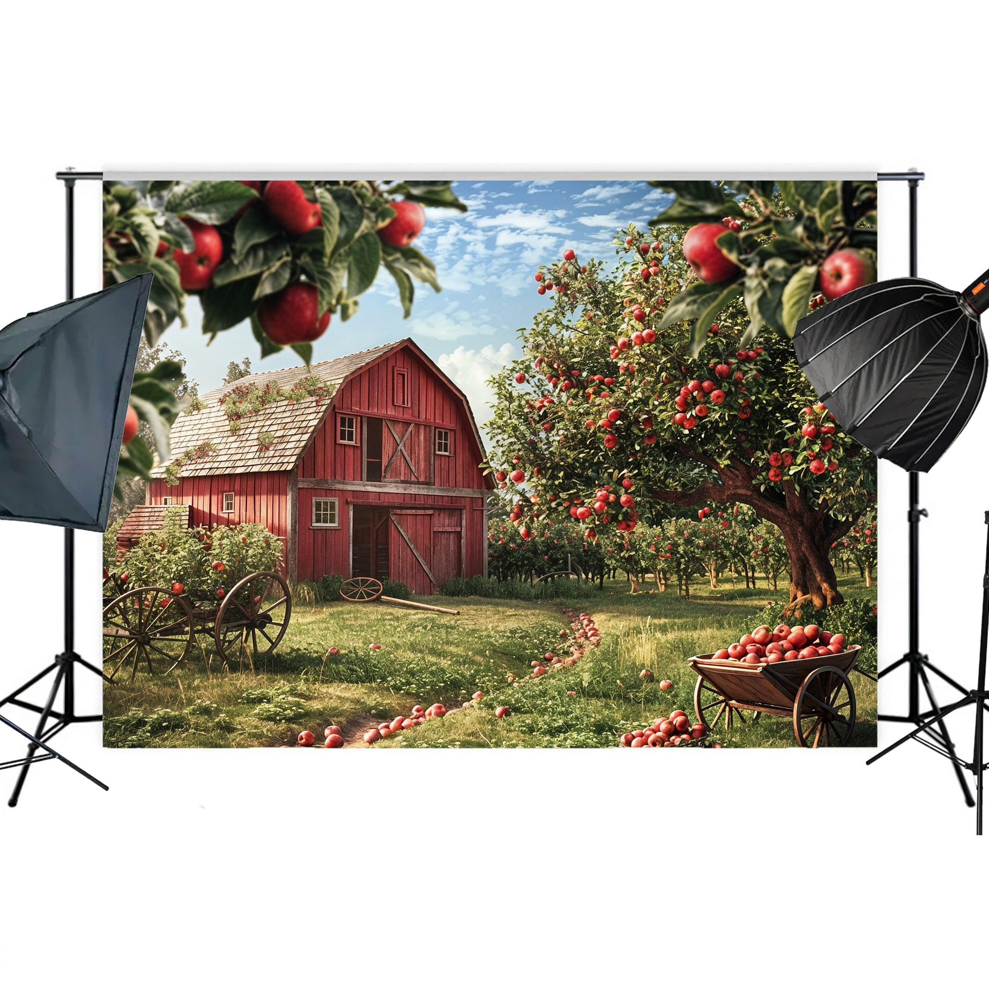 Classic Apple Orchard Red Barn Backdrop