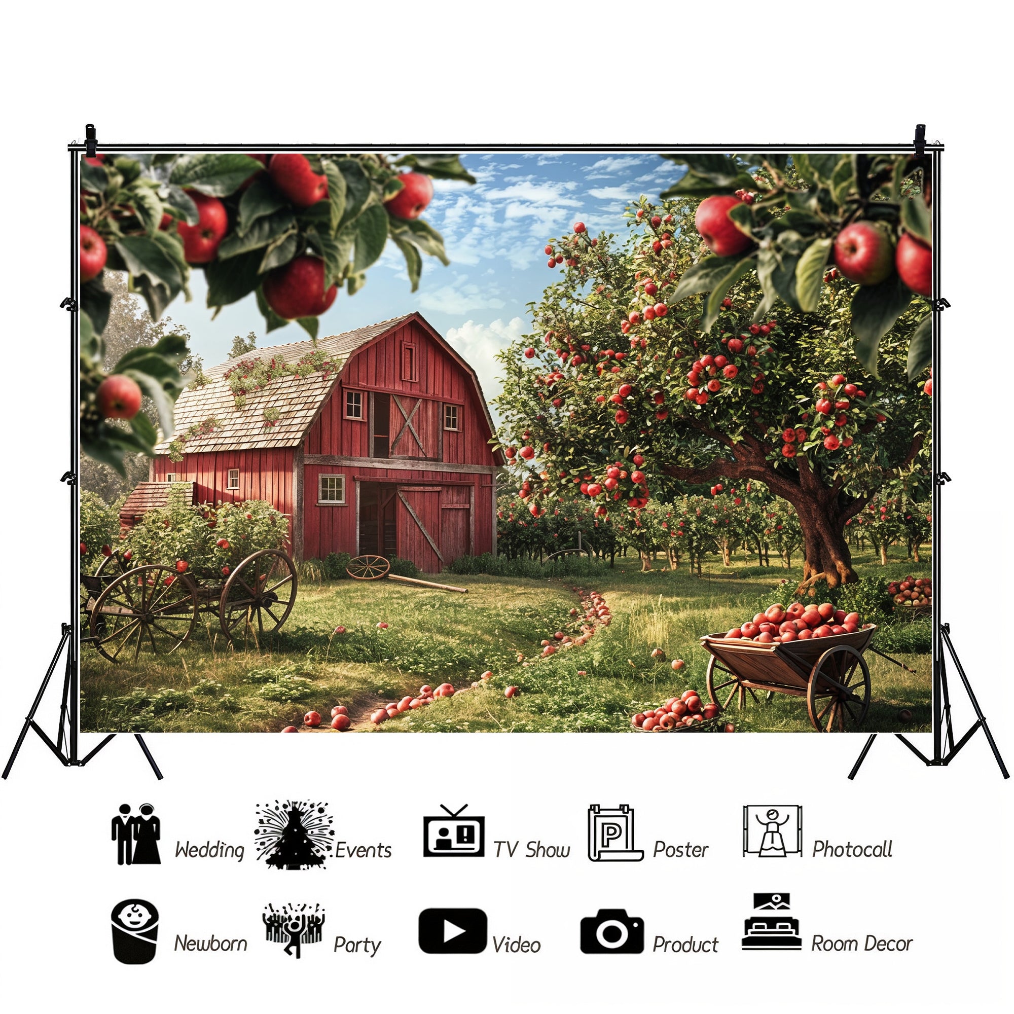 Classic Apple Orchard Red Barn Backdrop