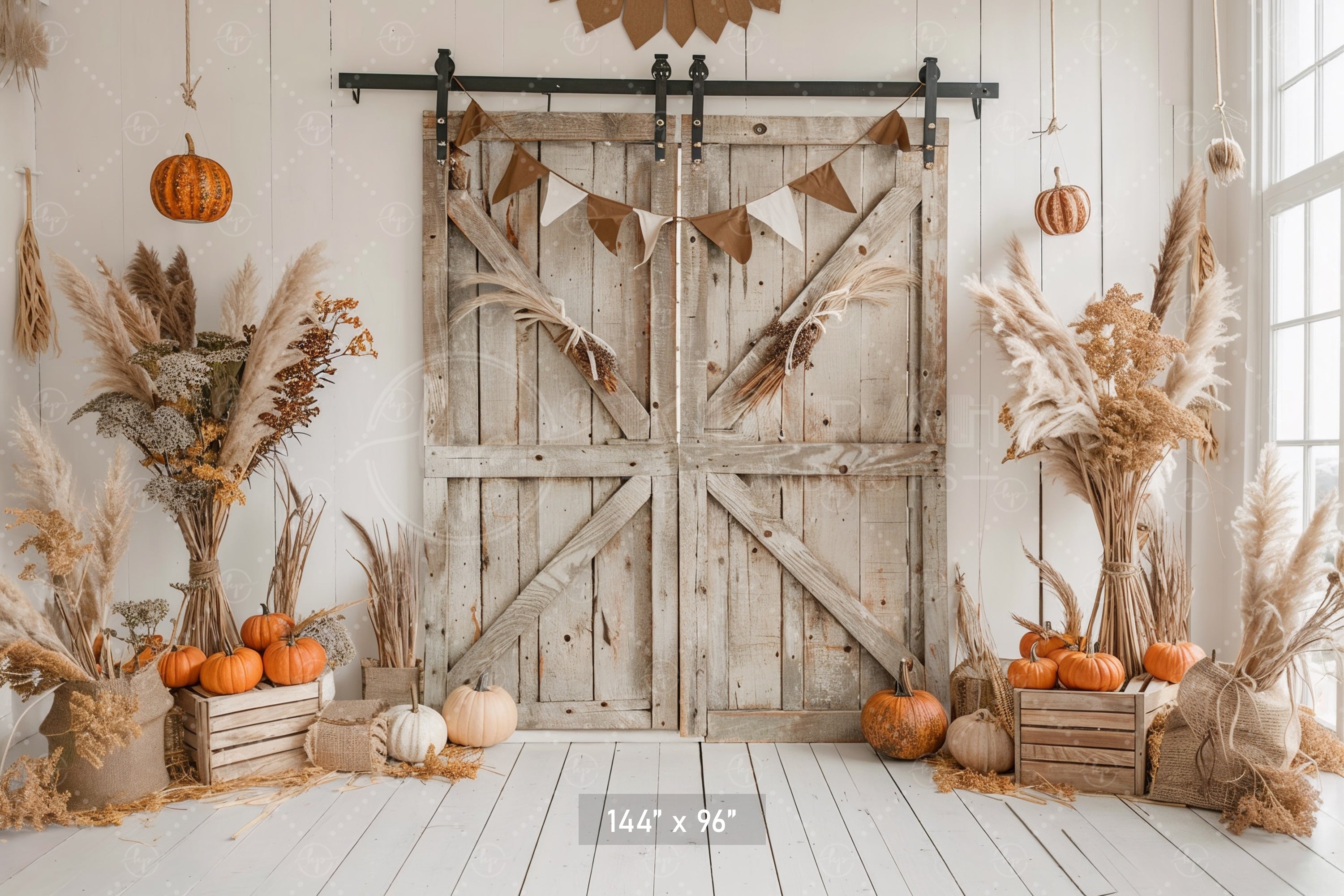 Rustic Fall Barn Door with Neutral Decor Backdrop